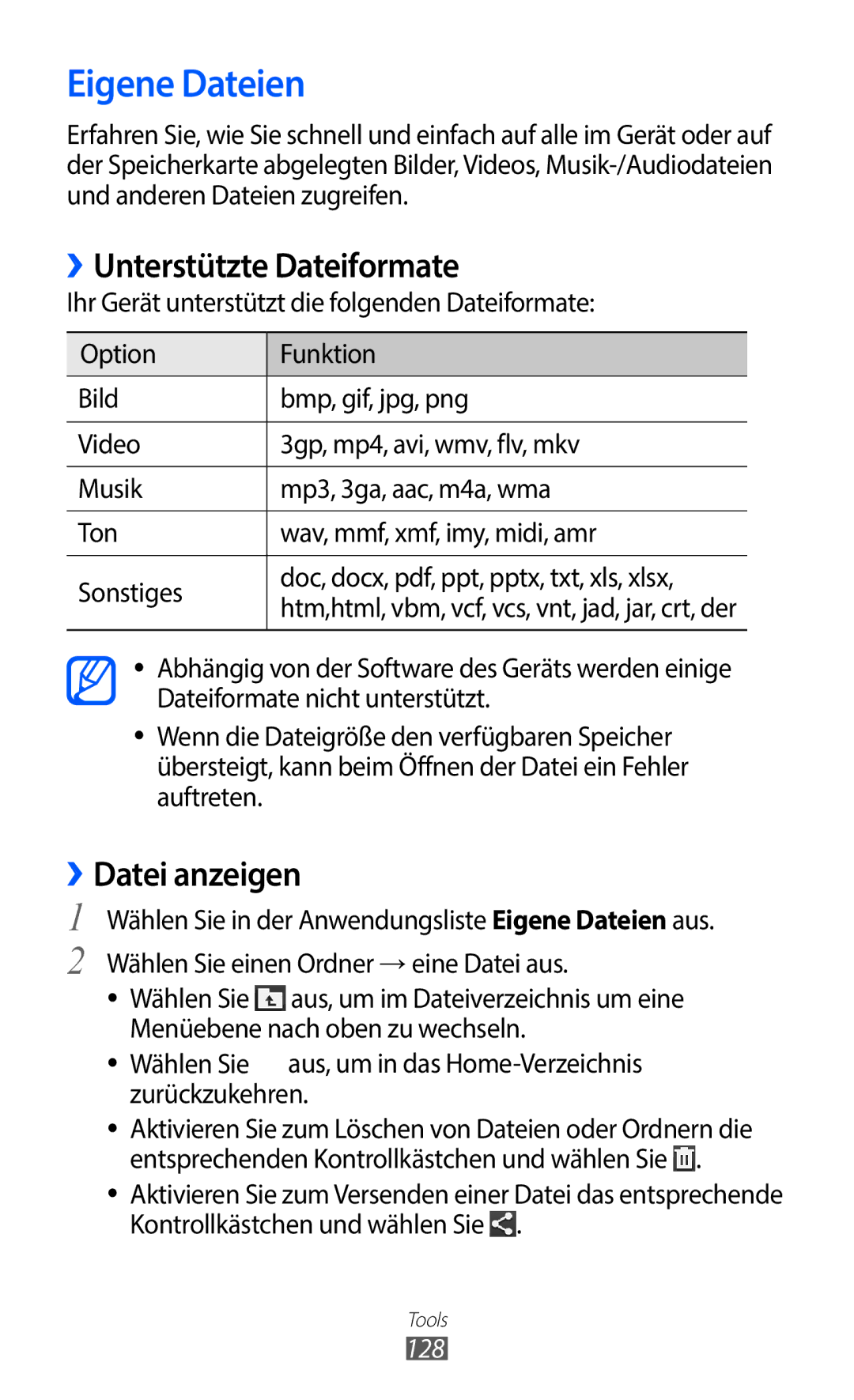 Samsung GT-I9100LKAXEO, GT-I9100LKAXSP, GT-I9100LKAVIA Eigene Dateien, ››Unterstützte Dateiformate, ››Datei anzeigen, 128 