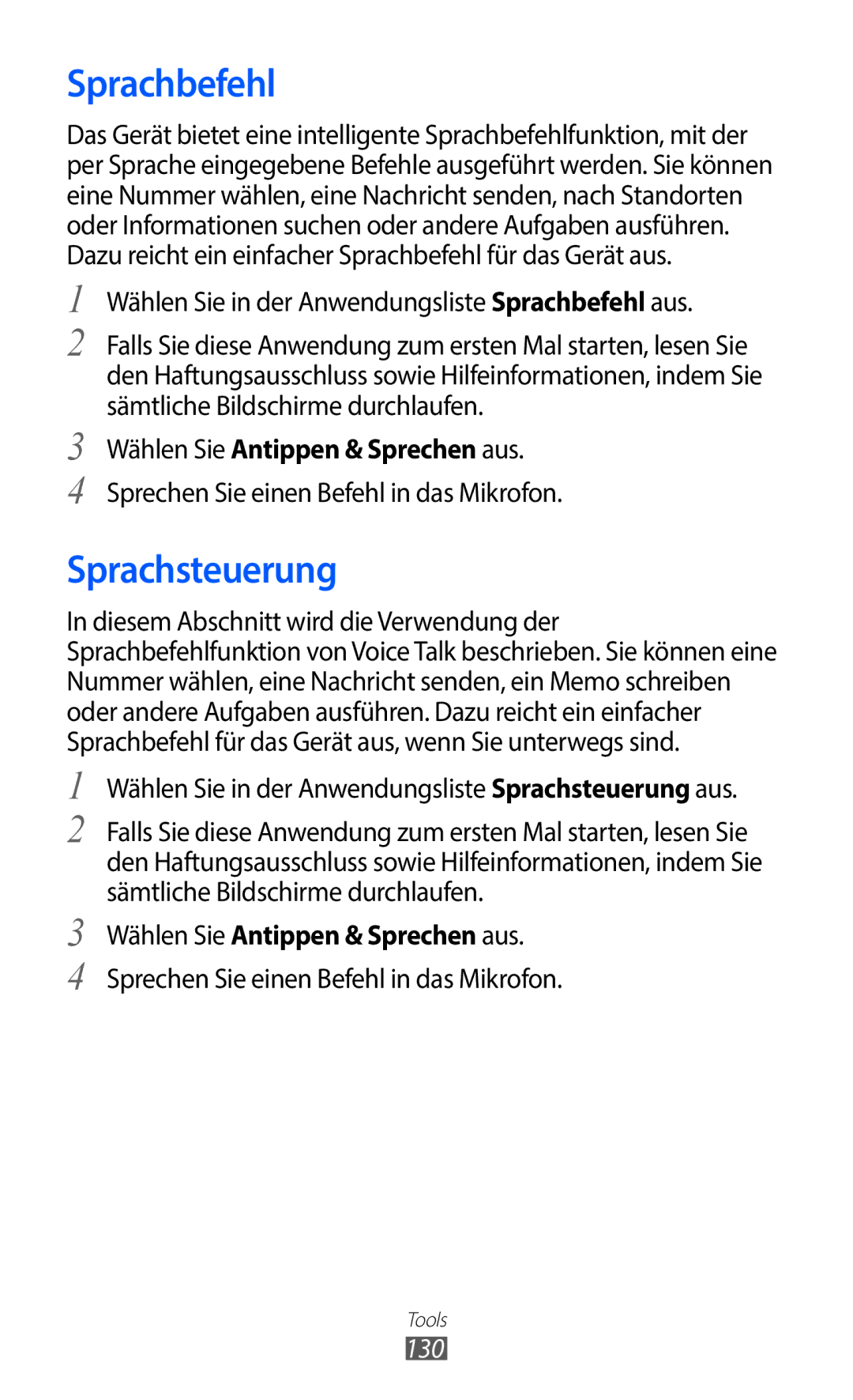 Samsung GT-I9100LKADBT, GT-I9100LKAXSP manual Sprachbefehl, Sprachsteuerung, Wählen Sie Antippen & Sprechen aus, 130 