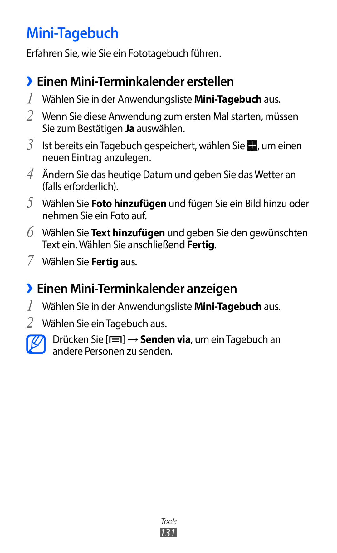 Samsung GT-I9100OIATUR Mini-Tagebuch, ››Einen Mini-Terminkalender erstellen, ››Einen Mini-Terminkalender anzeigen, 131 