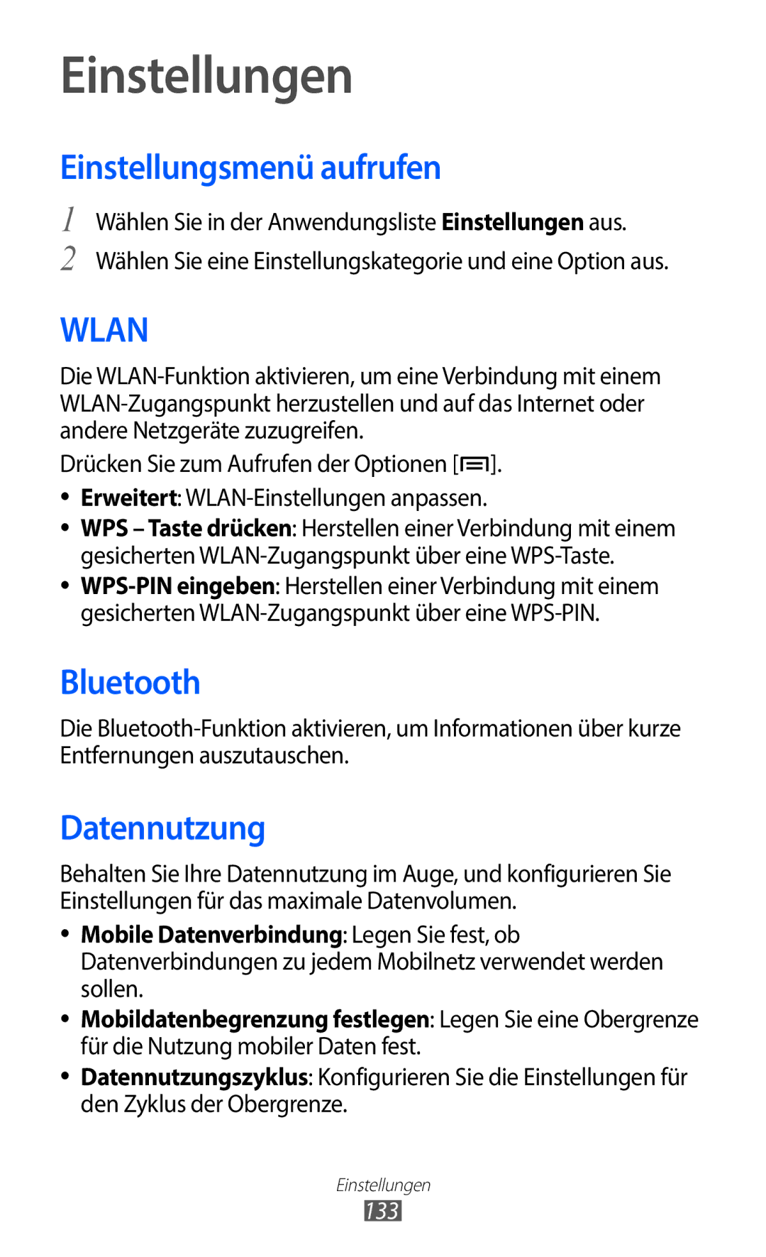 Samsung GT-I9100RWAXEG, GT-I9100LKAXSP, GT-I9100LKAVIA, GT-I9100RWAEPL manual Einstellungsmenü aufrufen, Datennutzung, 133 