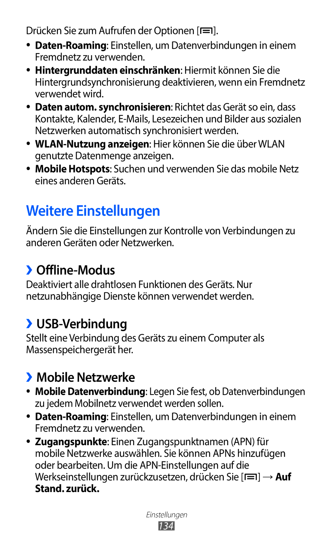 Samsung GT-I9100RWADBT manual Weitere Einstellungen, ››Offline-Modus, ››USB-Verbindung, ››Mobile Netzwerke, Stand. zurück 