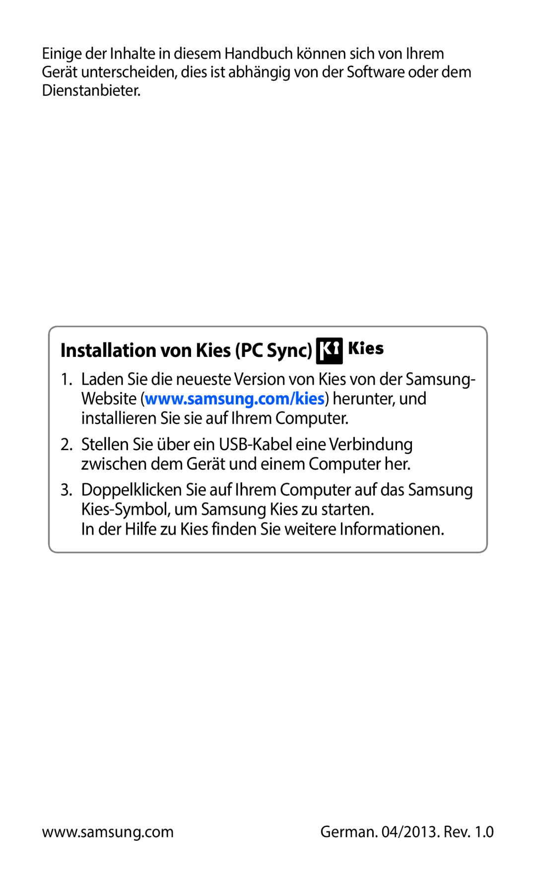 Samsung GT-I9100OIGDBT, GT-I9100LKAXSP, GT-I9100LKAVIA, GT-I9100RWAEPL, GT-I9100RWATUR manual Installation von Kies PC Sync 