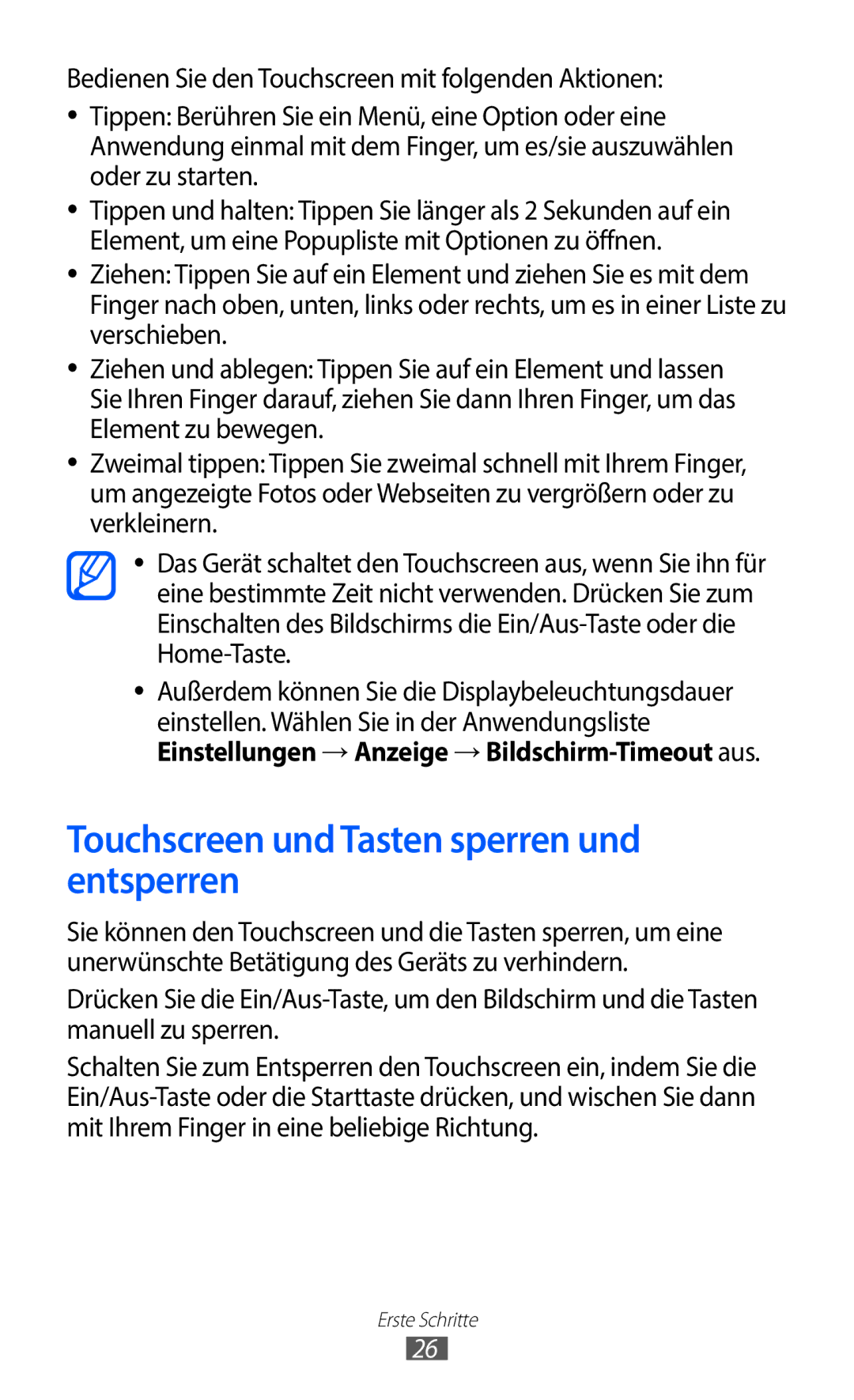 Samsung GT-I9100RWADBT manual Touchscreen und Tasten sperren und entsperren, Einstellungen →Anzeige →Bildschirm-Timeout aus 