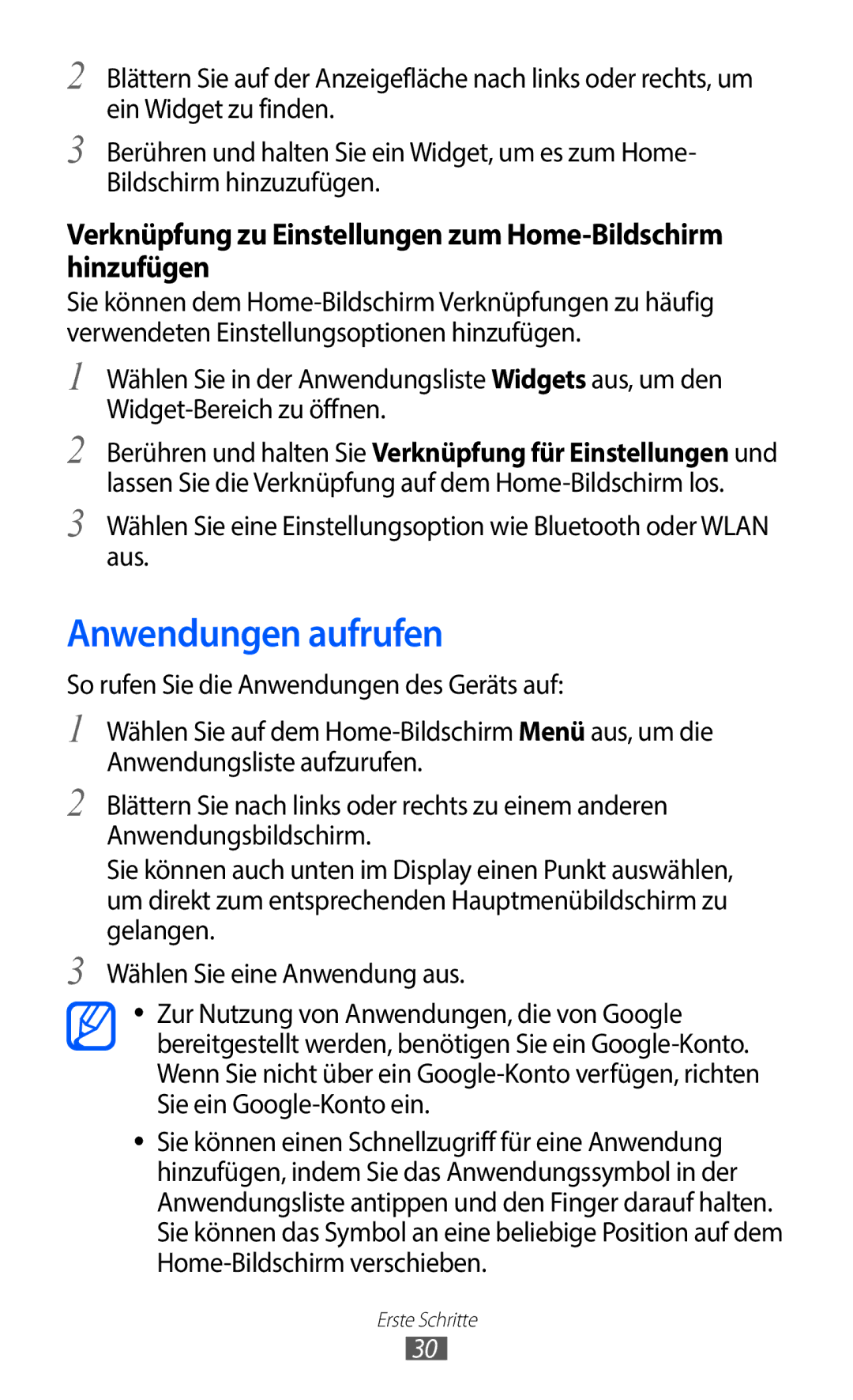 Samsung GT-I9100LKAEUR, GT-I9100LKAXSP Anwendungen aufrufen, Verknüpfung zu Einstellungen zum Home-Bildschirm hinzufügen 