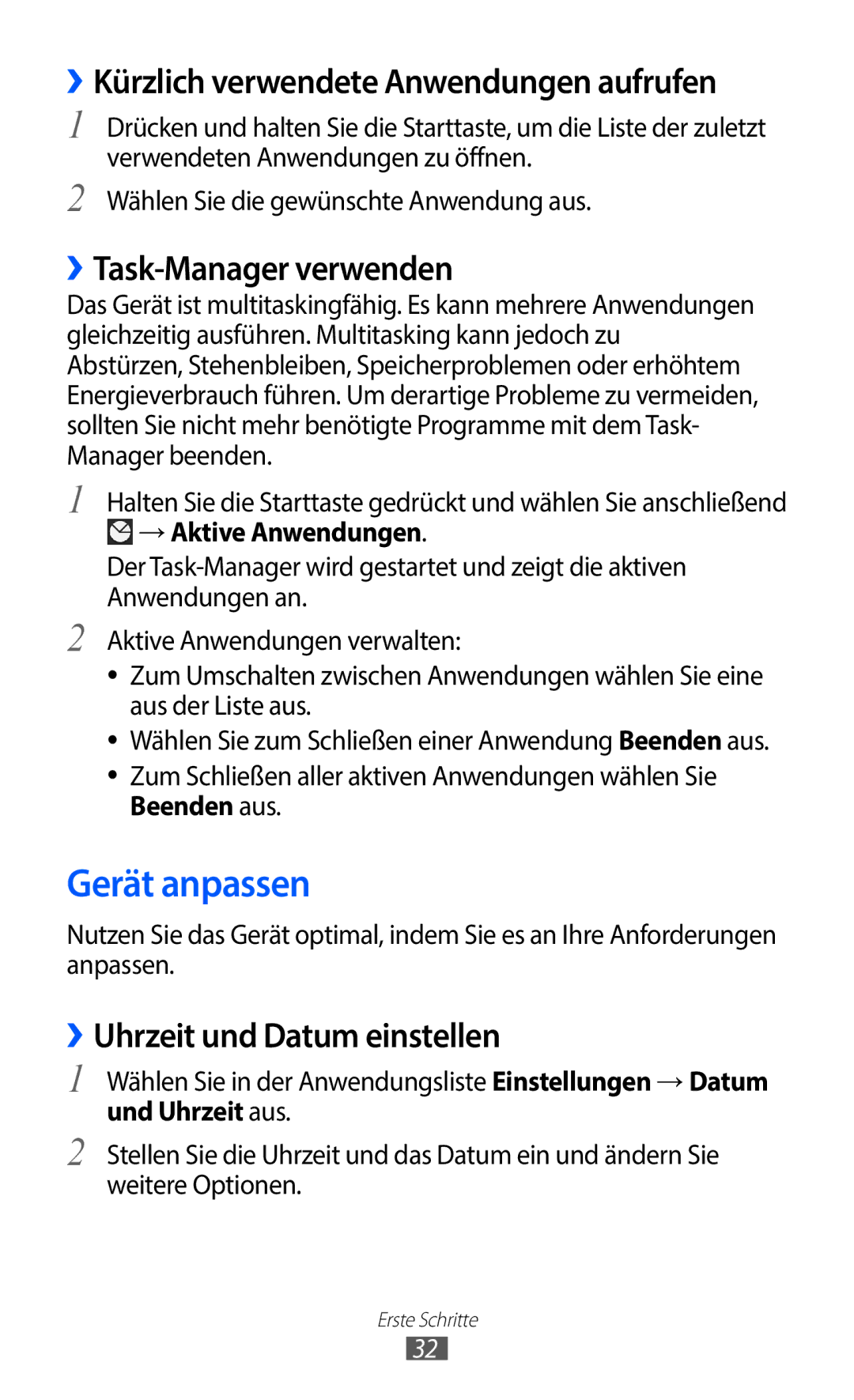 Samsung GT-I9100OIADBT manual Gerät anpassen, ››Kürzlich verwendete Anwendungen aufrufen, ››Task-Manager verwenden 