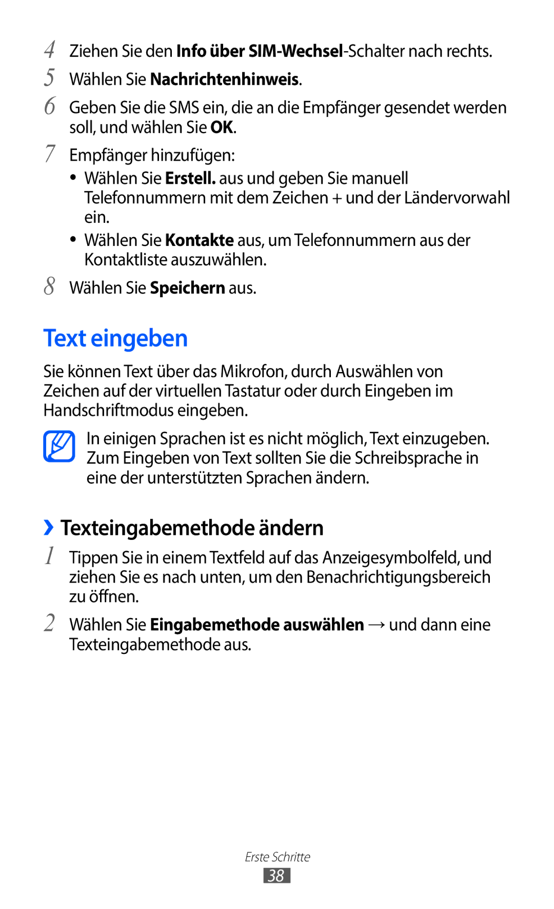 Samsung GT-I9100RWAEPL, GT-I9100LKAXSP manual Text eingeben, ››Texteingabemethode ändern, Wählen Sie Nachrichtenhinweis 