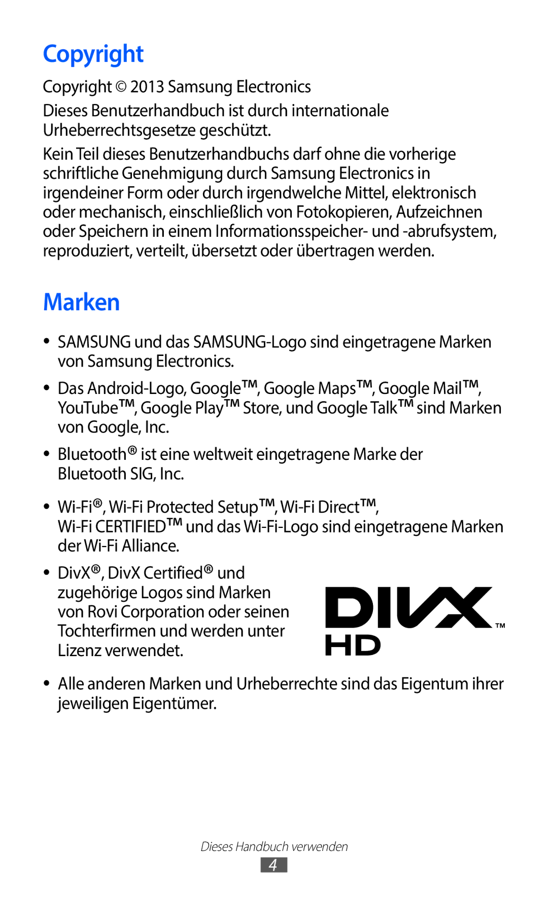 Samsung GT-I9100RWADTM, GT-I9100LKAXSP, GT-I9100LKAVIA, GT-I9100RWAEPL manual Marken, Copyright 2013 Samsung Electronics 