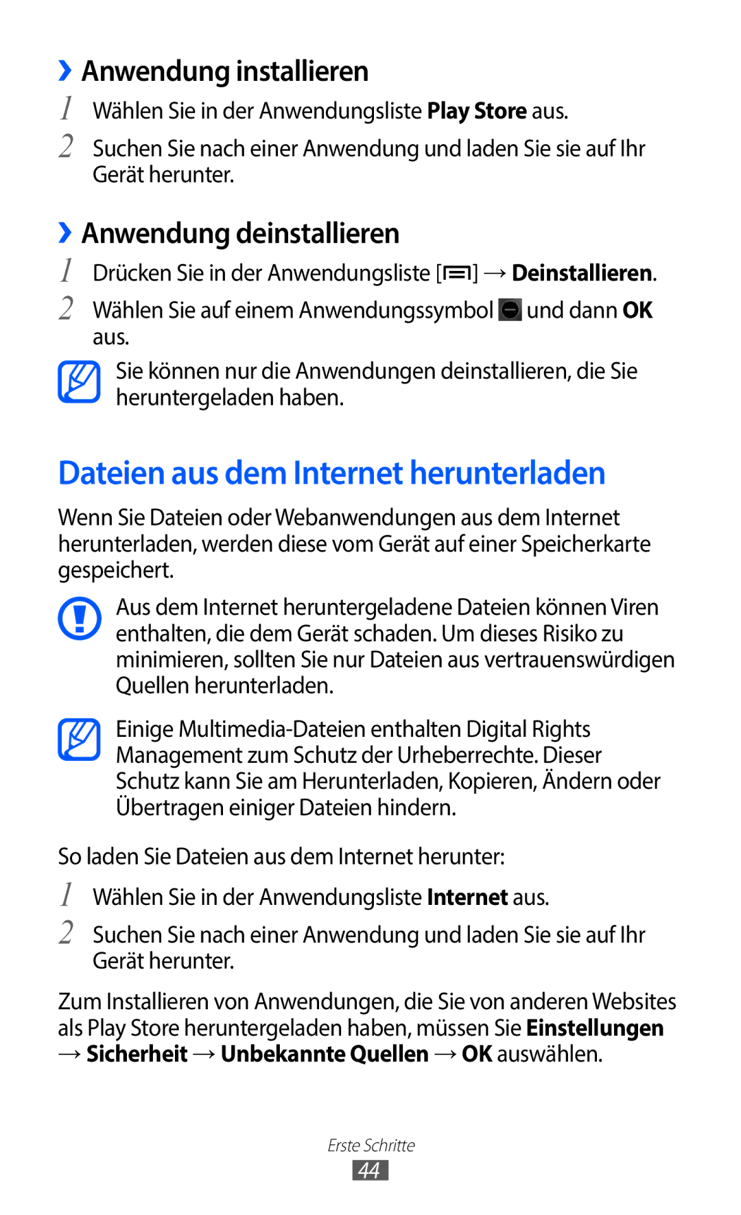 Samsung GT-I9100LKATMN manual Dateien aus dem Internet herunterladen, ››Anwendung installieren, ››Anwendung deinstallieren 