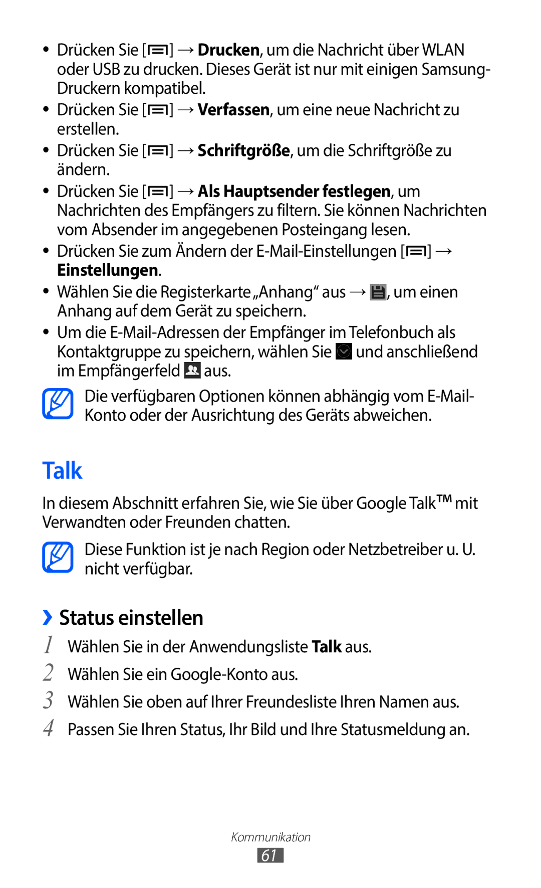 Samsung GT-I9100RWAXEG, GT-I9100LKAXSP, GT-I9100LKAVIA, GT-I9100RWAEPL, GT-I9100RWATUR manual Talk, ››Status einstellen 