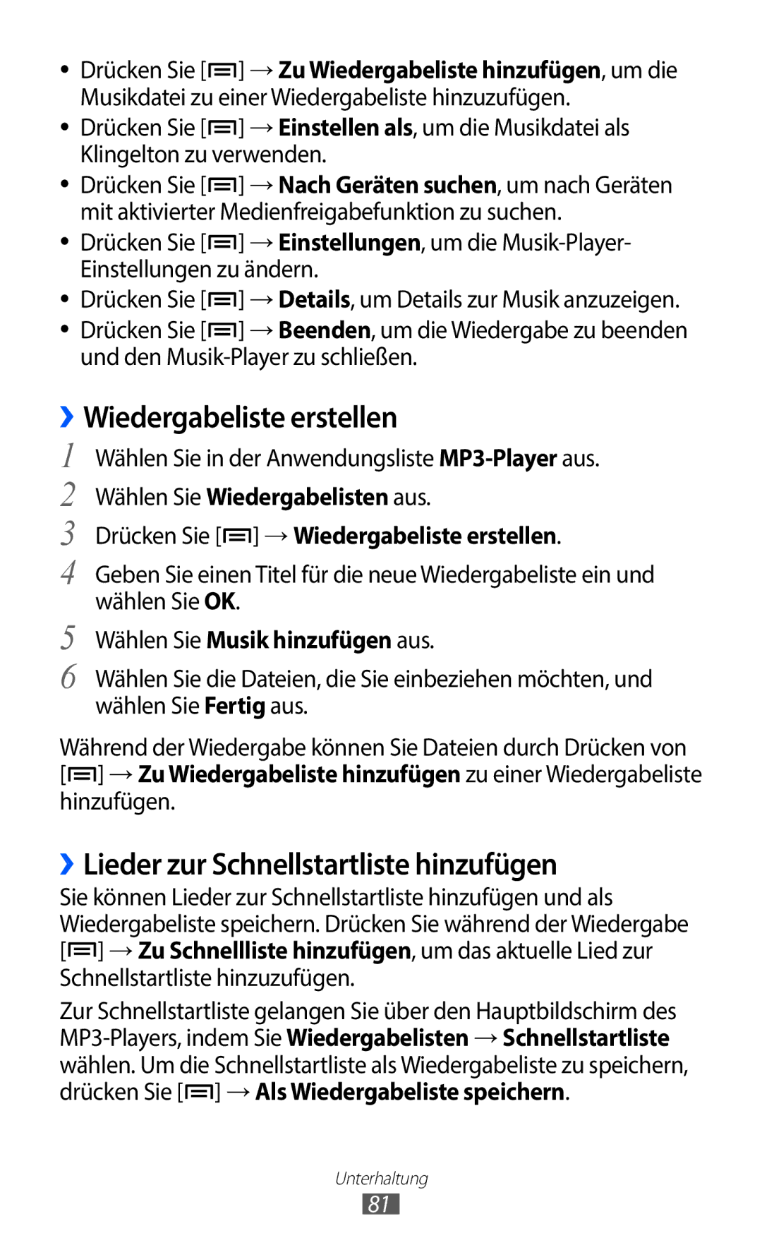 Samsung GT-I9100LKADTM, GT-I9100LKAXSP, GT-I9100LKAVIA Wiedergabeliste erstellen, ››Lieder zur Schnellstartliste hinzufügen 