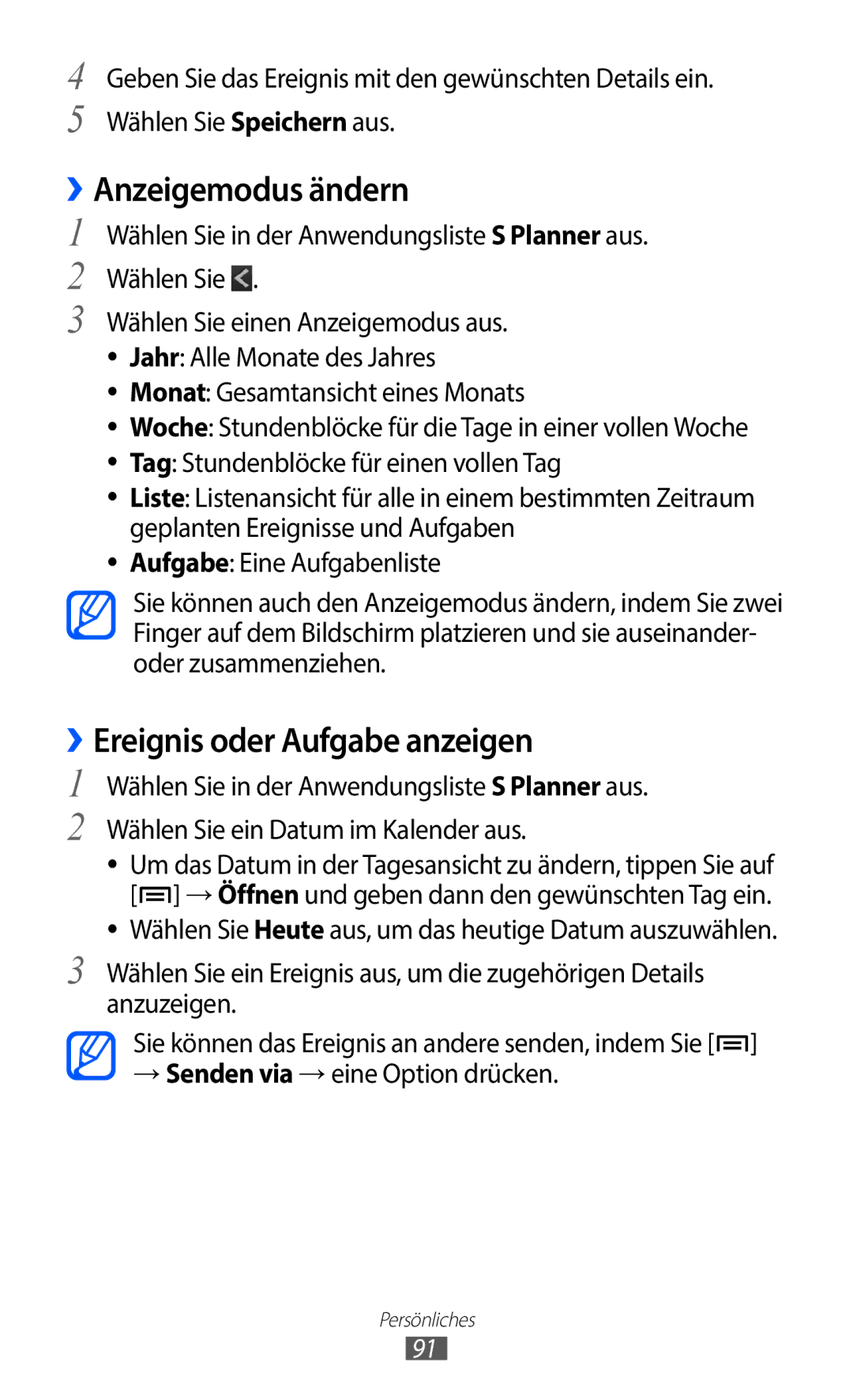 Samsung GT-I9100LKAEPL manual ››Anzeigemodus ändern, ››Ereignis oder Aufgabe anzeigen, → Senden via →eine Option drücken 