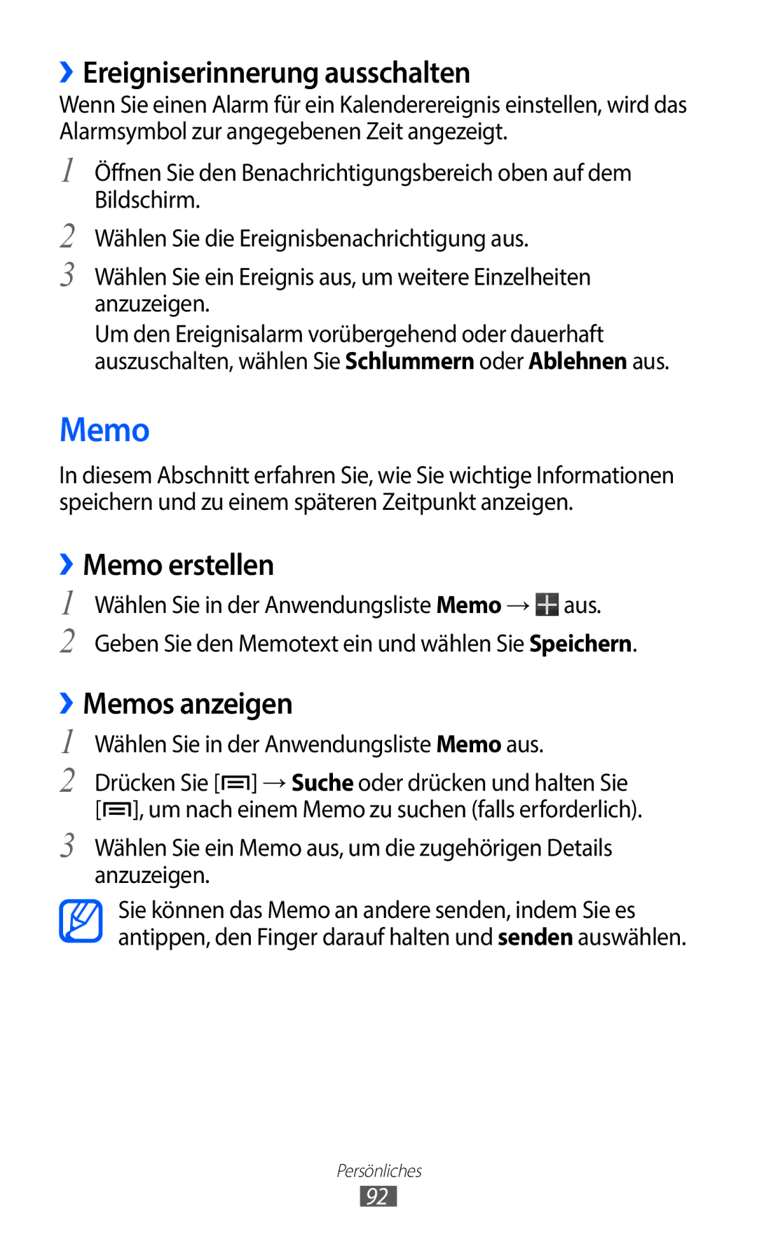 Samsung GT-I9100LKAXEO, GT-I9100LKAXSP manual ››Ereigniserinnerung ausschalten, ››Memo erstellen, ››Memos anzeigen 