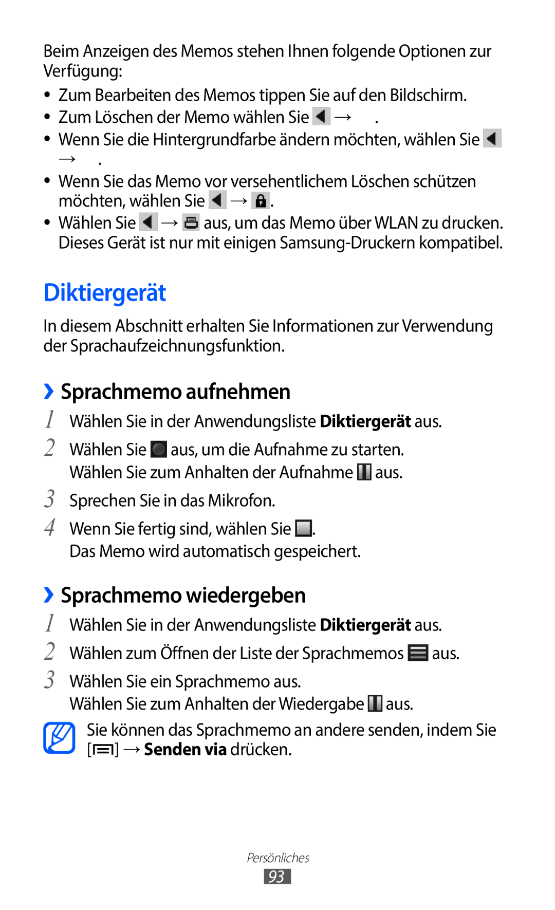 Samsung GT-I9100RWAVD2, GT-I9100LKAXSP, GT-I9100LKAVIA manual Diktiergerät, ››Sprachmemo aufnehmen, ››Sprachmemo wiedergeben 