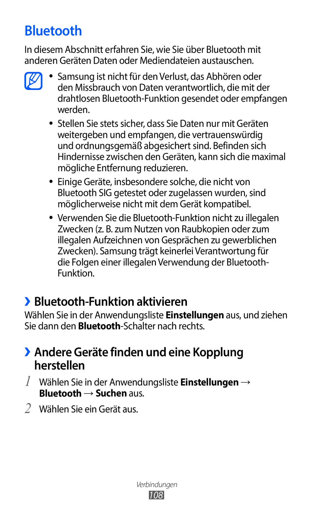 Samsung GT-I9100LKAXSP manual ››Bluetooth-Funktion aktivieren, ››Andere Geräte finden und eine Kopplung herstellen, 108 