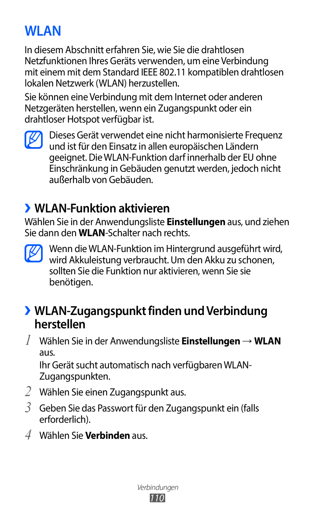 Samsung GT-I9100RWAEPL manual ››WLAN-Funktion aktivieren, ››WLAN-Zugangspunkt finden und Verbindung herstellen, 110 