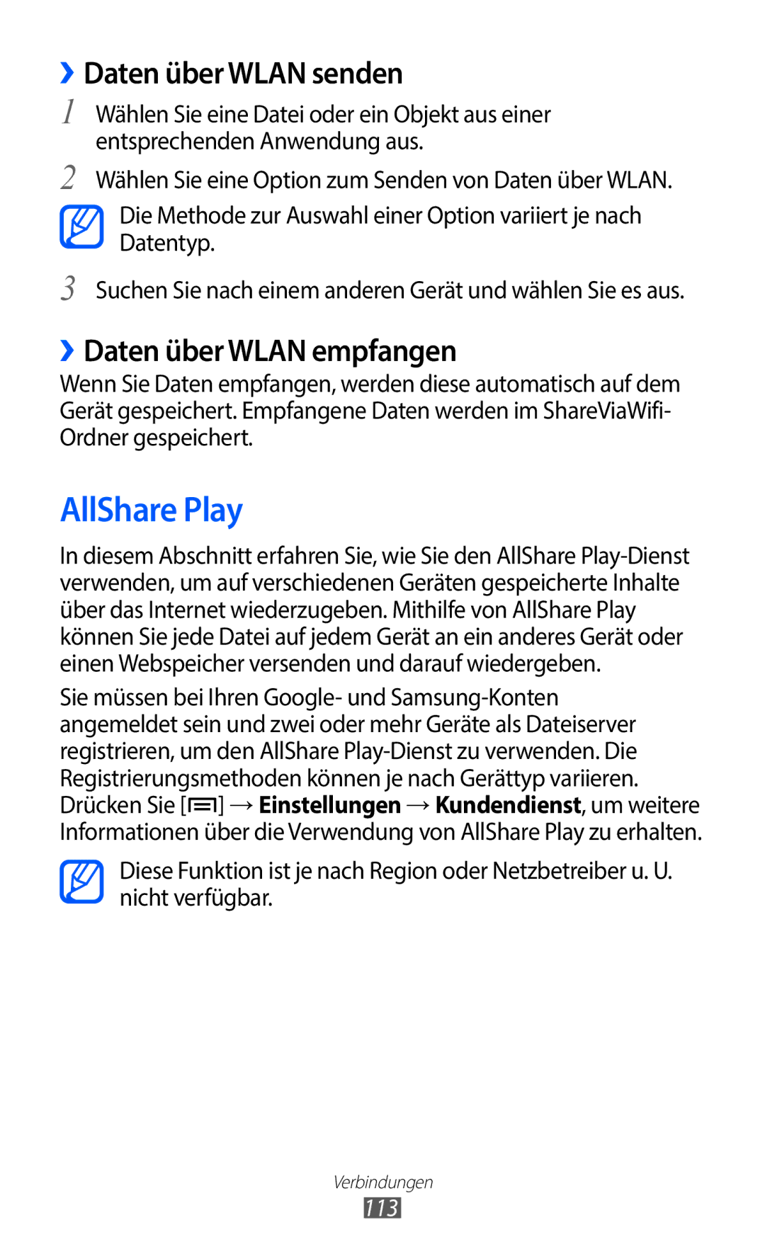 Samsung GT-I9100LKAITV, GT-I9100LKAXSP manual AllShare Play, ››Daten über Wlan senden, ››Daten über Wlan empfangen, 113 