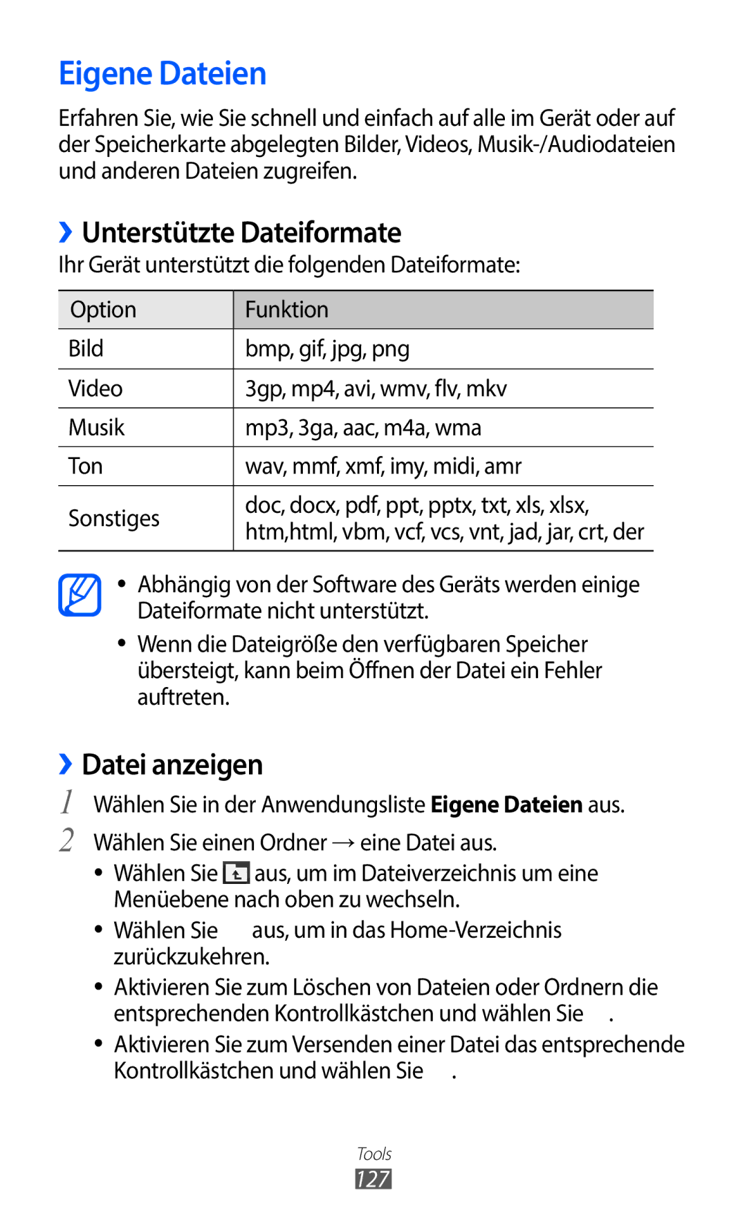 Samsung GT-I9100LKAEPL, GT-I9100LKAXSP, GT-I9100LKAVIA Eigene Dateien, ››Unterstützte Dateiformate, ››Datei anzeigen, 127 