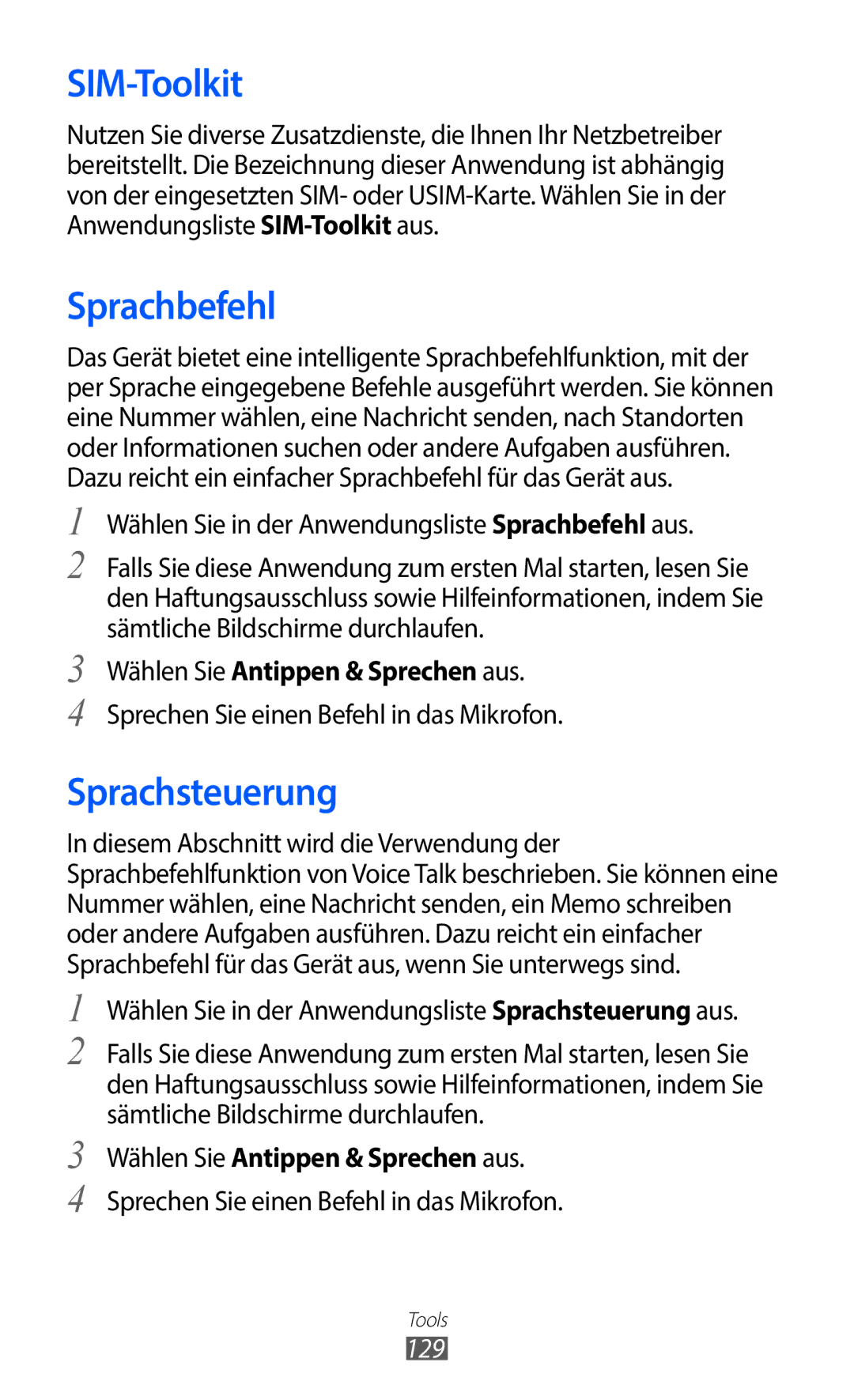 Samsung GT-I9100RWAVD2, GT-I9100LKAXSP SIM-Toolkit, Sprachbefehl, Sprachsteuerung, Wählen Sie Antippen & Sprechen aus, 129 