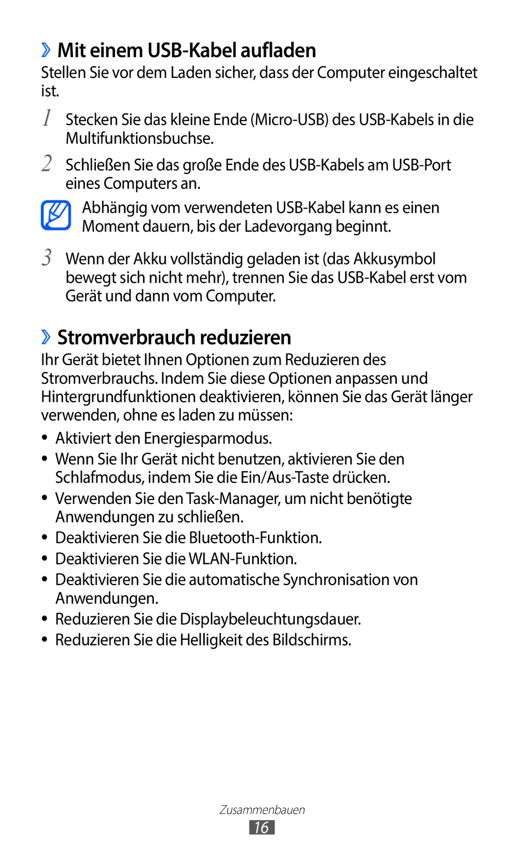 Samsung GT-I9100RWAVIA, GT-I9100LKAXSP, GT-I9100LKAVIA manual ››Mit einem USB-Kabel aufladen, ››Stromverbrauch reduzieren 