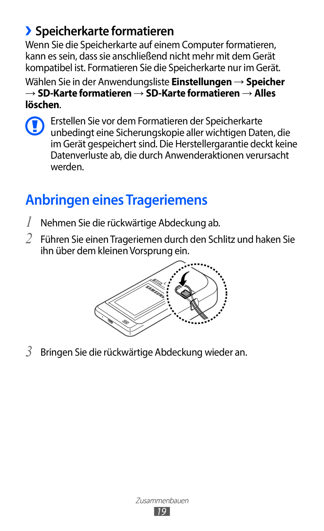 Samsung GT-I9100LKAEPL, GT-I9100LKAXSP, GT-I9100LKAVIA manual Anbringen eines Trageriemens, ››Speicherkarte formatieren 