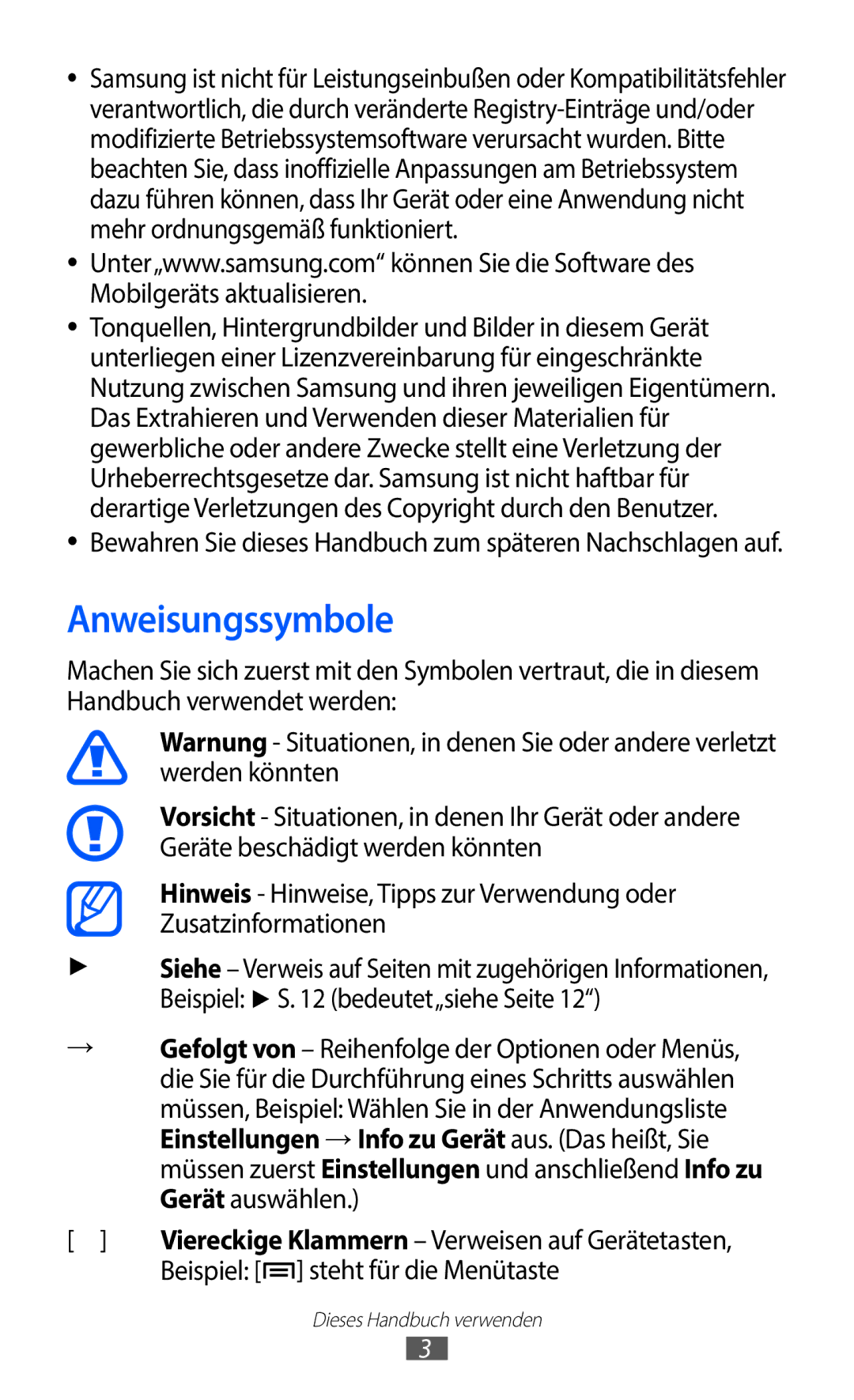 Samsung GT-I9100RWATUR, GT-I9100LKAXSP, GT-I9100LKAVIA, GT-I9100RWAEPL Anweisungssymbole, Beispiel steht für die Menütaste 