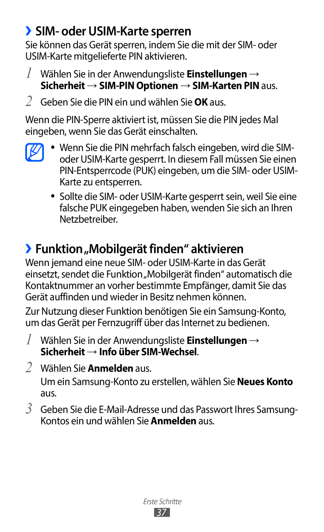 Samsung GT-I9100LKAVIA, GT-I9100LKAXSP manual ››SIM- oder USIM-Karte sperren, ››Funktion„Mobilgerät finden aktivieren 