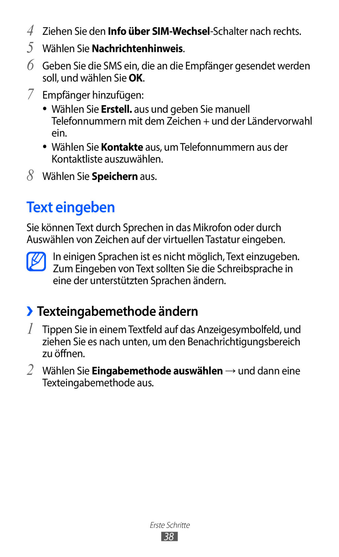 Samsung GT-I9100RWAEPL, GT-I9100LKAXSP manual Text eingeben, ››Texteingabemethode ändern, Wählen Sie Nachrichtenhinweis 