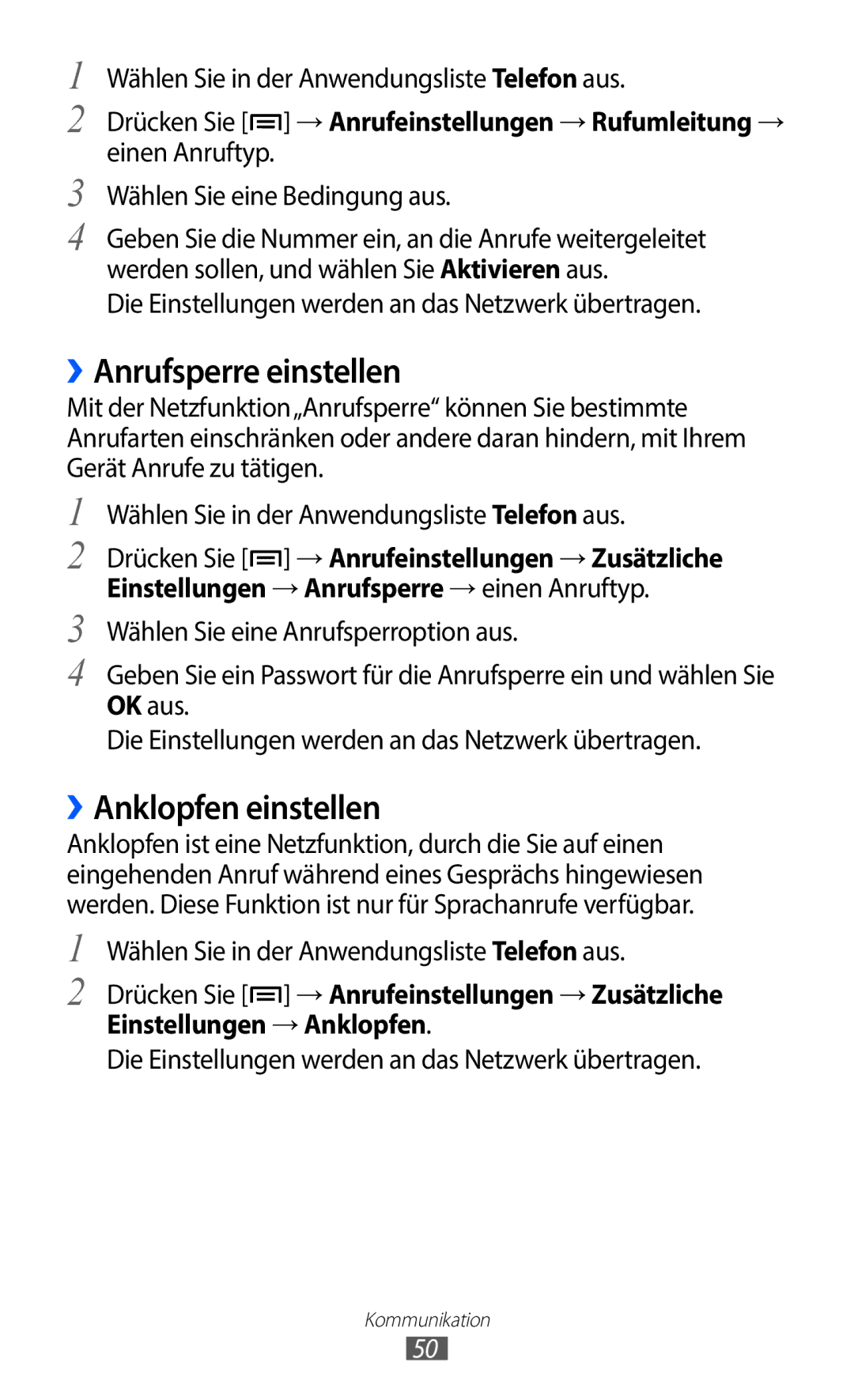 Samsung GT-I9100RWAITV, GT-I9100LKAXSP ››Anrufsperre einstellen, ››Anklopfen einstellen, Wählen Sie eine Bedingung aus 