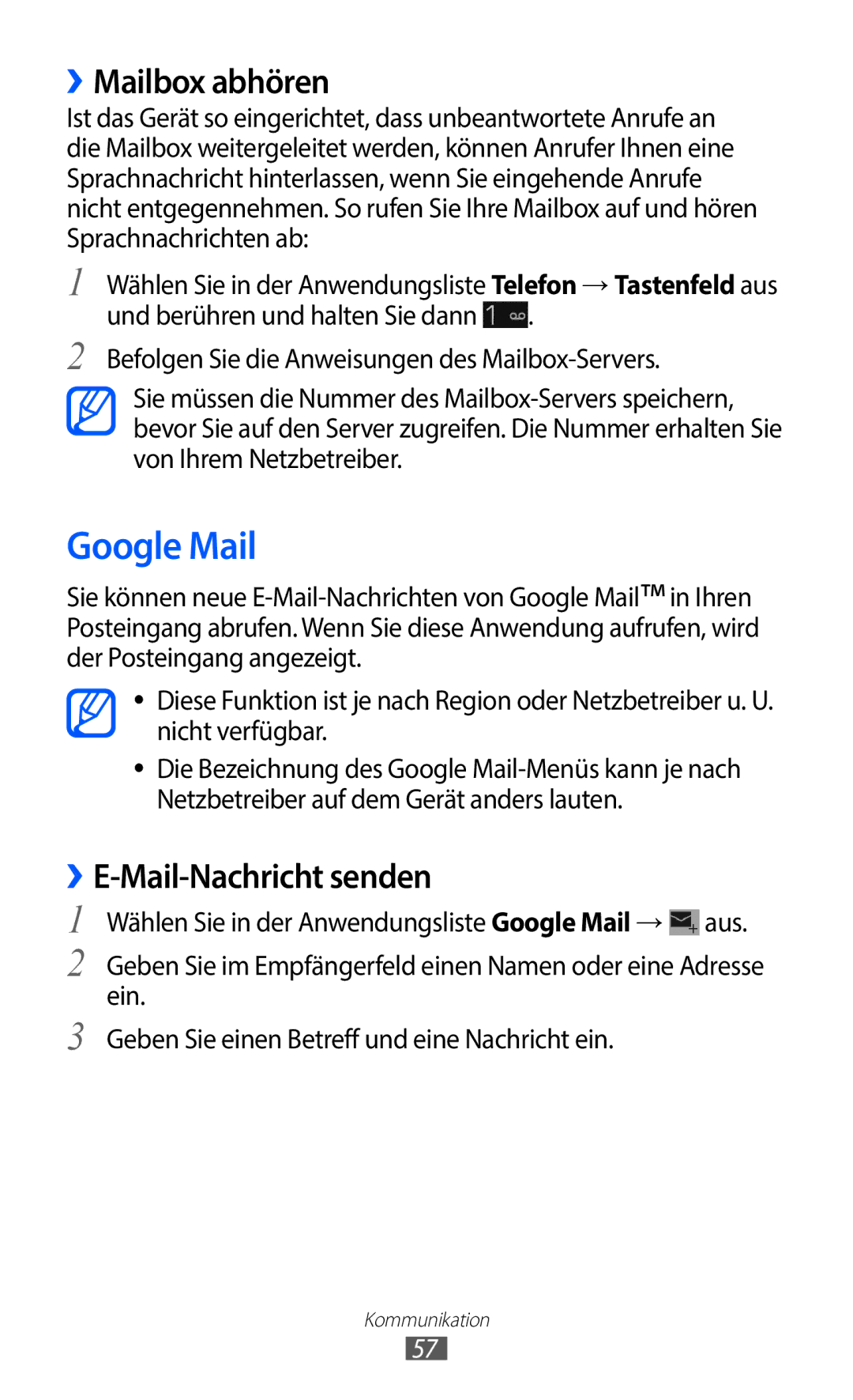 Samsung GT-I9100RWAVD2, GT-I9100LKAXSP, GT-I9100LKAVIA manual Google Mail, ››Mailbox abhören, ››E-Mail-Nachricht senden 