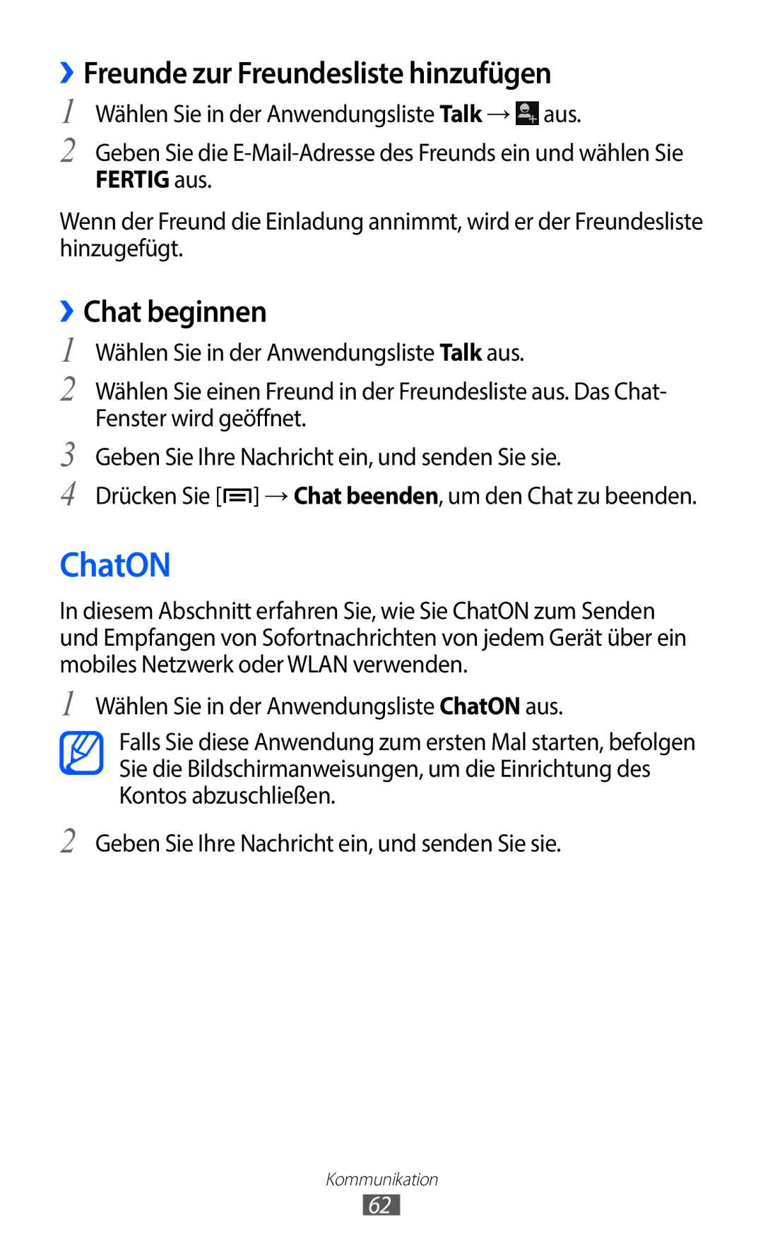 Samsung GT-I9100RWADBT, GT-I9100LKAXSP, GT-I9100LKAVIA manual ChatON, ››Freunde zur Freundesliste hinzufügen, ››Chat beginnen 