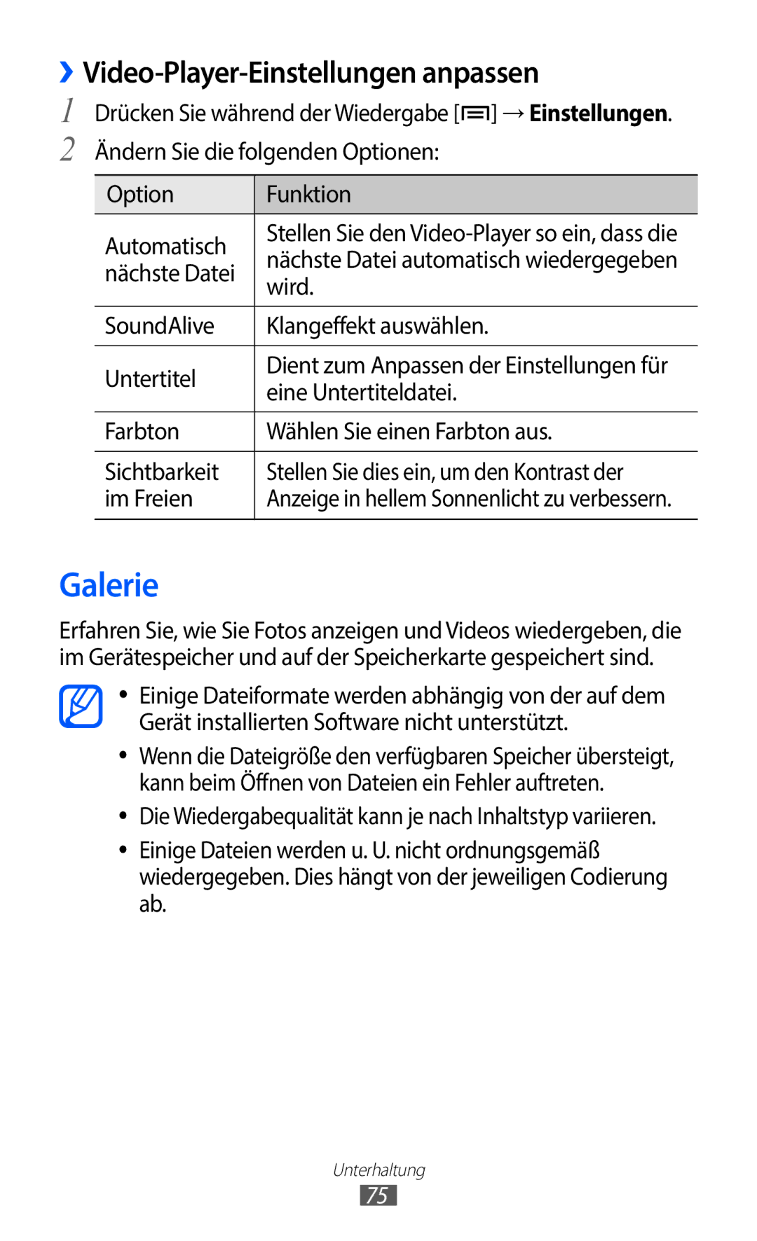 Samsung GT-I9100RWATUR, GT-I9100LKAXSP, GT-I9100LKAVIA, GT-I9100RWAEPL manual Galerie, ››Video-Player-Einstellungen anpassen 
