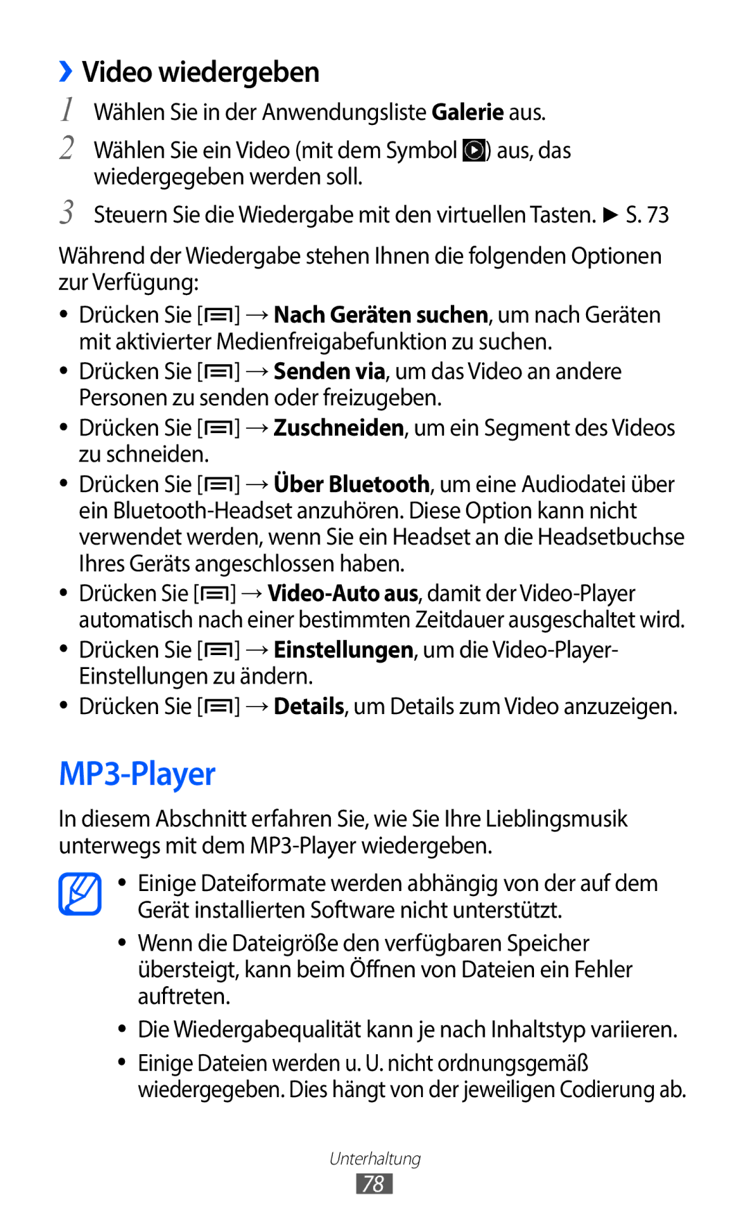 Samsung GT-I9100LKAIDE, GT-I9100LKAXSP, GT-I9100LKAVIA, GT-I9100RWAEPL, GT-I9100RWATUR manual MP3-Player, ››Video wiedergeben 