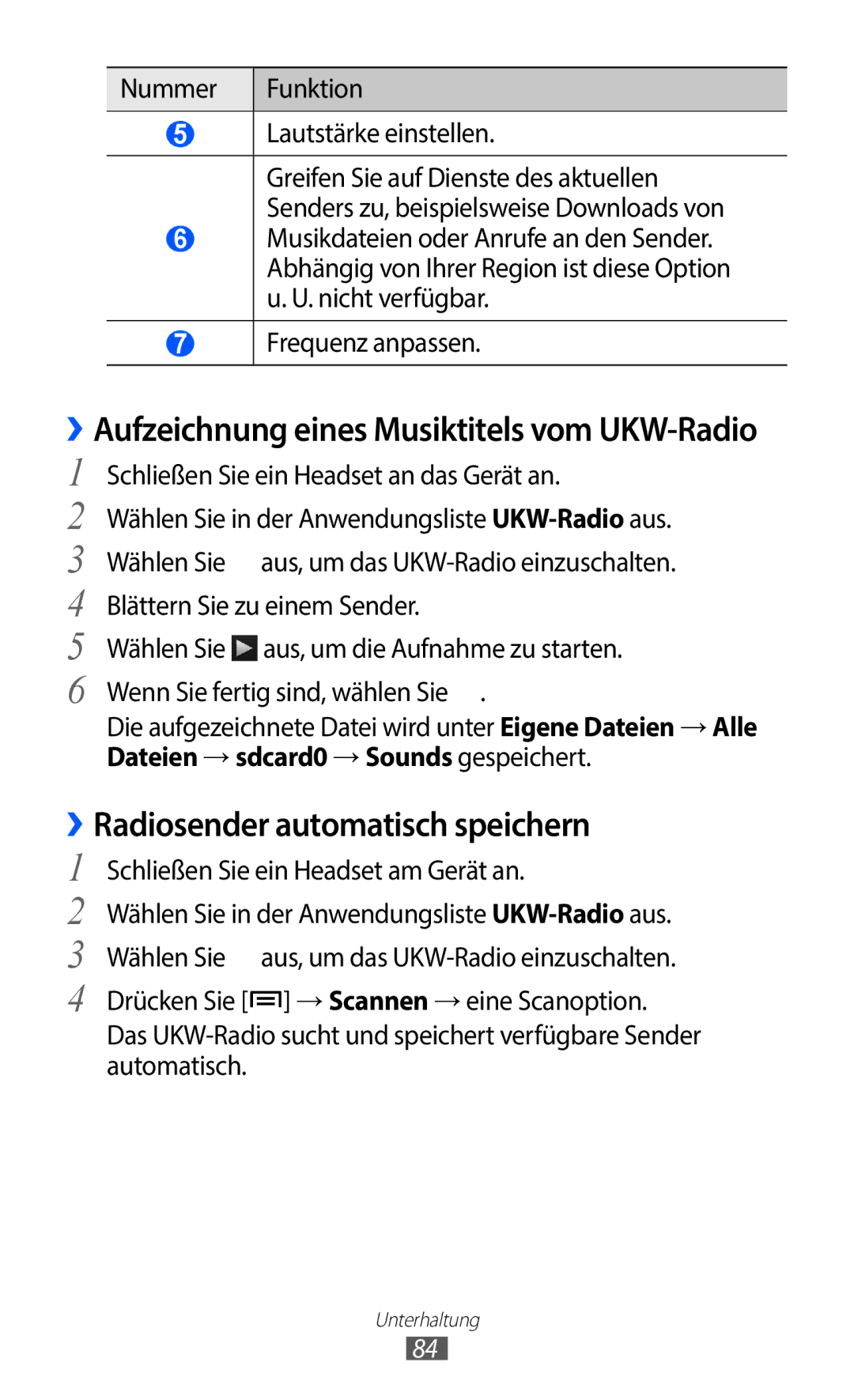 Samsung GT-I9100LKAVD2, GT-I9100LKAXSP manual ››Radiosender automatisch speichern, Nummer Funktion Lautstärke einstellen 