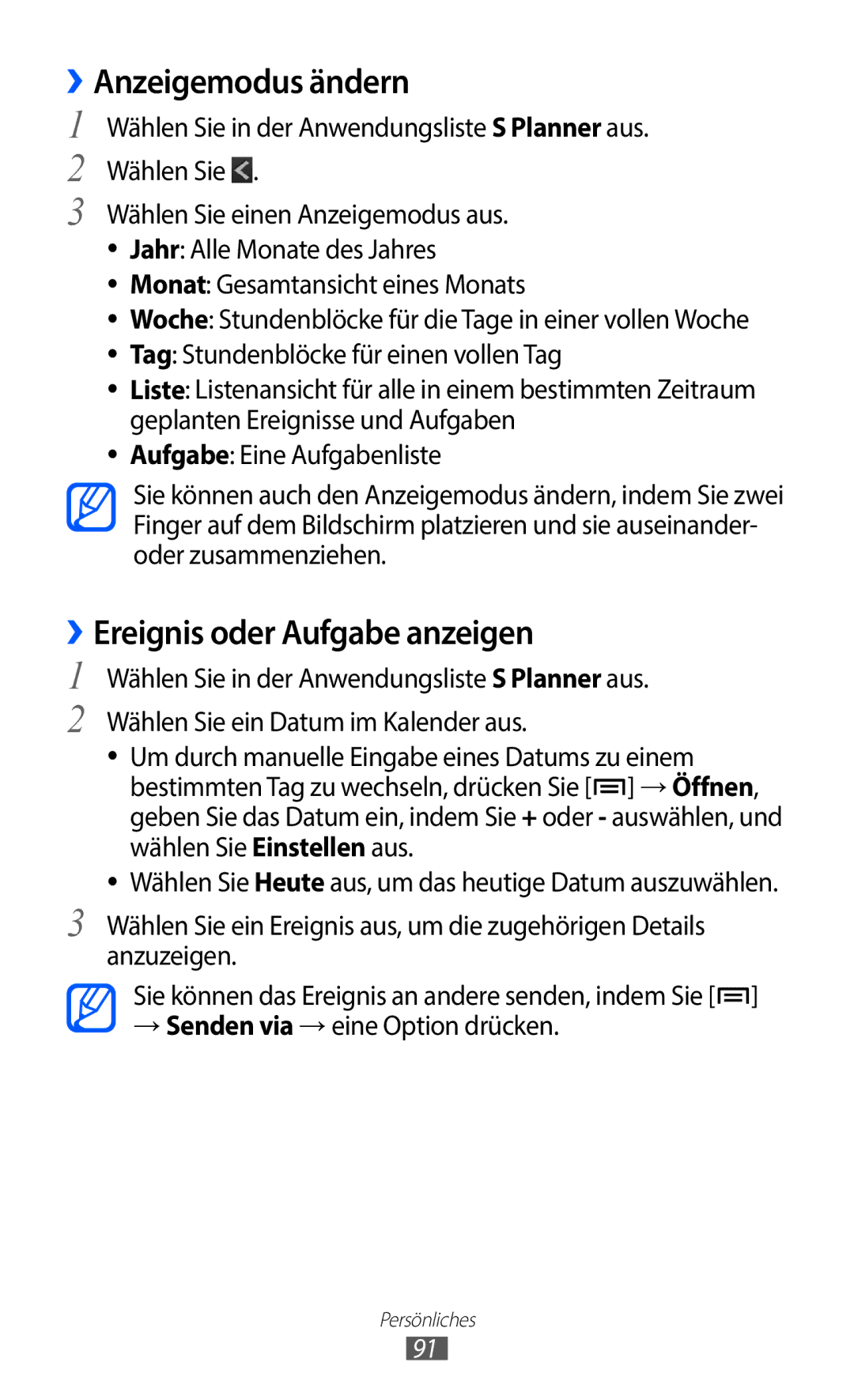 Samsung GT-I9100LKAEPL manual ››Anzeigemodus ändern, ››Ereignis oder Aufgabe anzeigen, → Senden via →eine Option drücken 