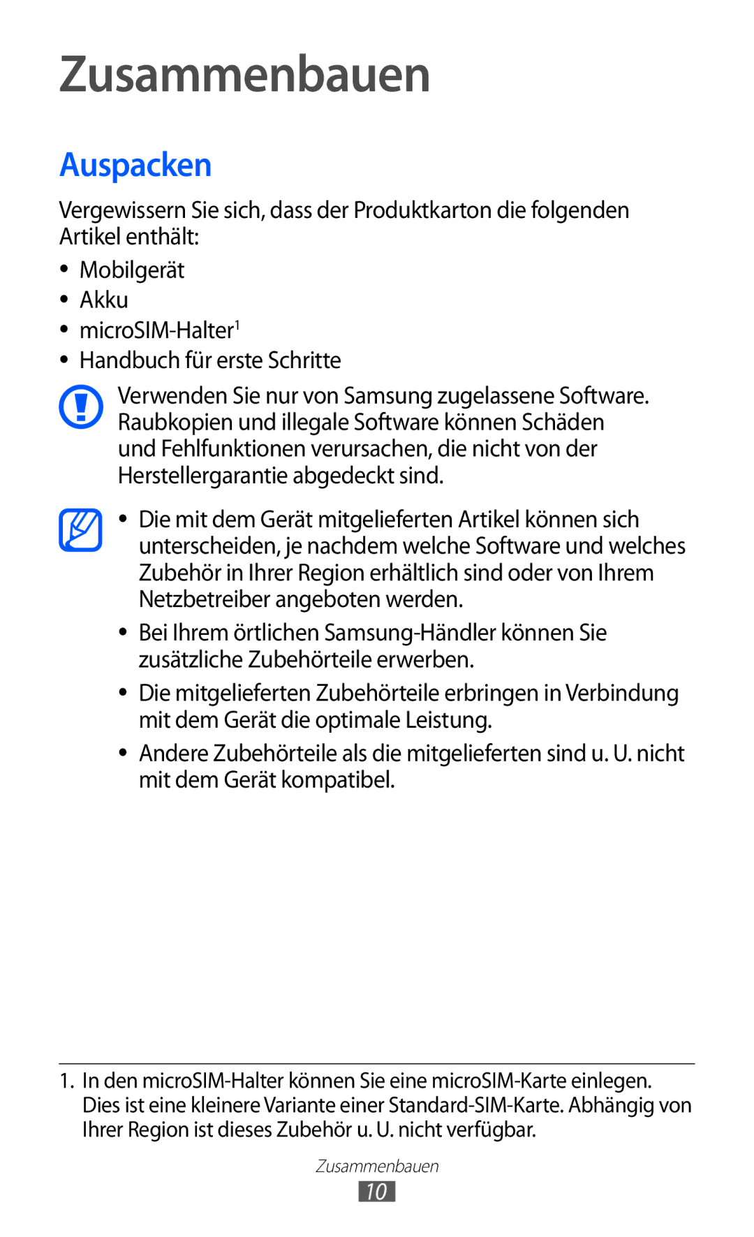 Samsung GT-I9100LKAATO, GT-I9100LKAXSP, GT-I9100LKAVIA manual Auspacken, MicroSIM-Halter1 Handbuch für erste Schritte 