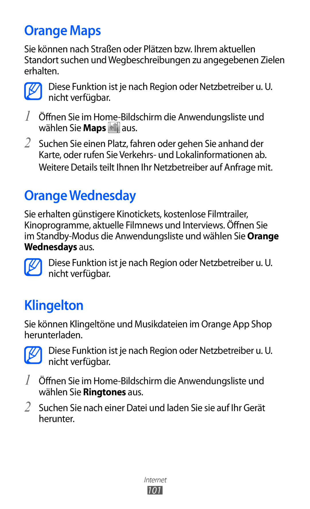 Samsung GT-I9100LKAMBC, GT-I9100LKAXSP, GT-I9100LKAVIA, GT-I9100RWAEPL manual Orange Maps, Orange Wednesday, Klingelton, 101 