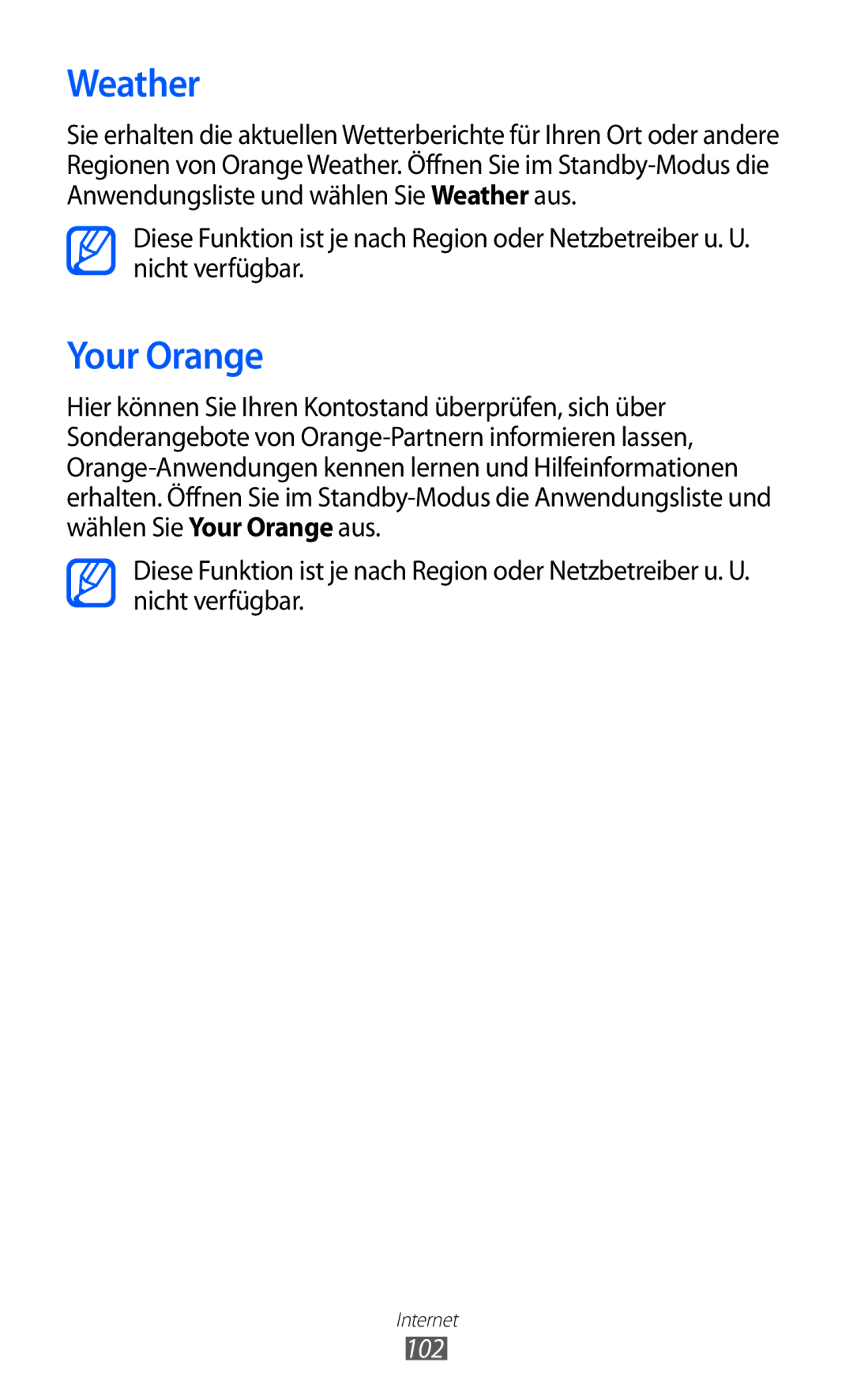Samsung GT-I9100LKAEUR, GT-I9100LKAXSP, GT-I9100LKAVIA, GT-I9100RWAEPL, GT-I9100RWATUR manual Weather, Your Orange, 102 