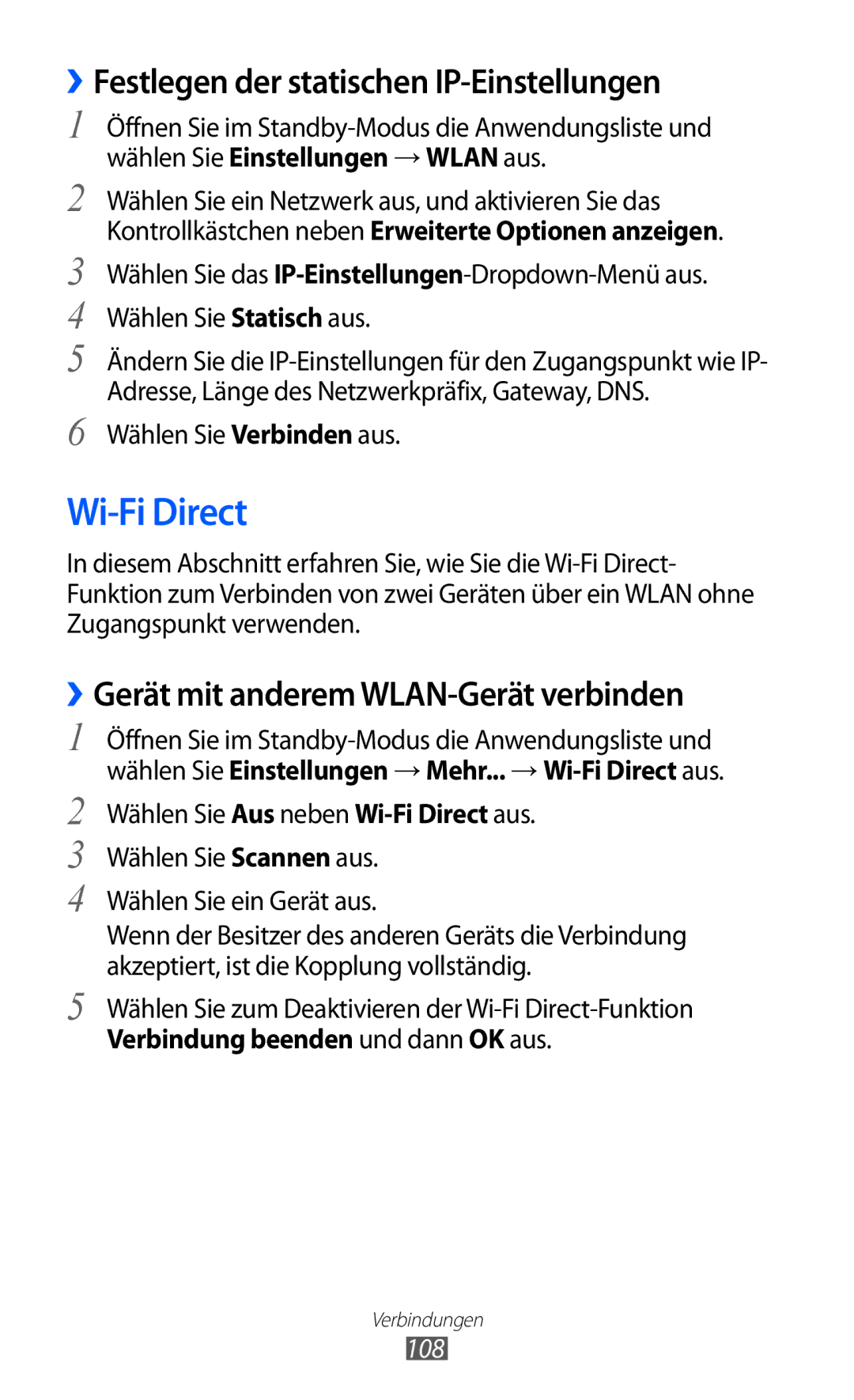 Samsung GT-I9100LKAXSP Wi-Fi Direct, ››Festlegen der statischen IP-Einstellungen, ››Gerät mit anderem WLAN-Gerät verbinden 