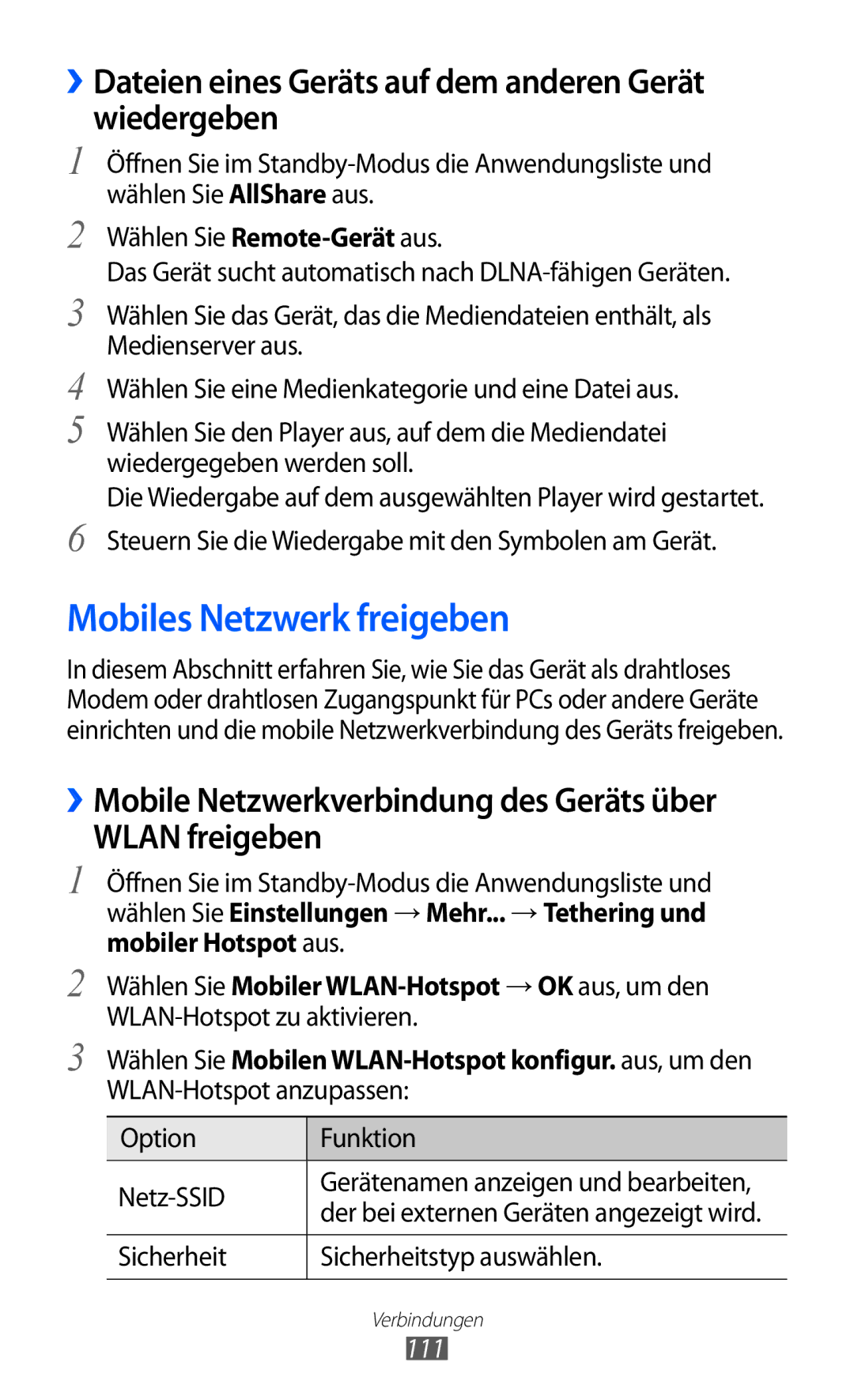 Samsung GT-I9100RWATUR manual Mobiles Netzwerk freigeben, ››Dateien eines Geräts auf dem anderen Gerät wiedergeben, 111 