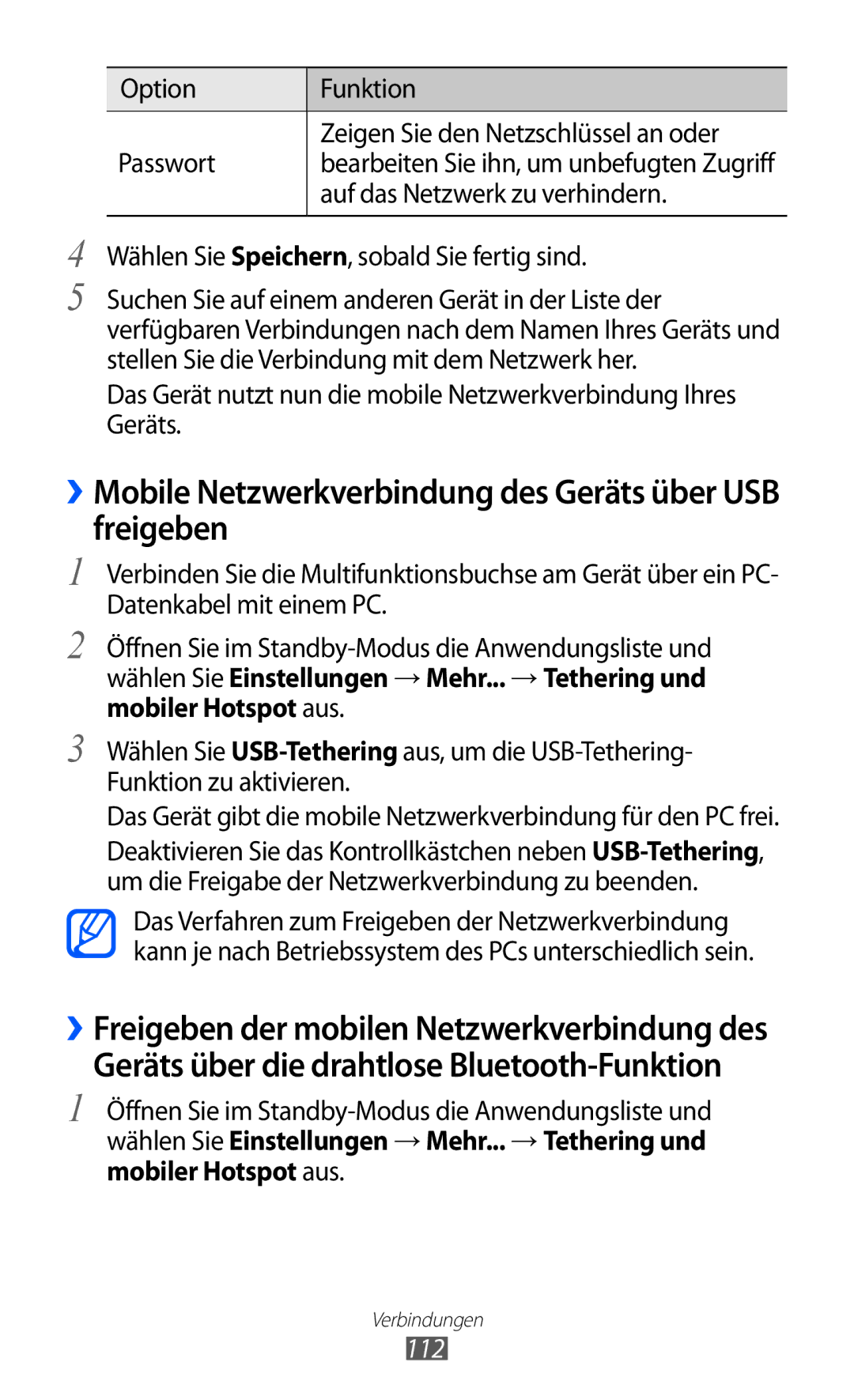 Samsung GT-I9100RWADTM ››Mobile Netzwerkverbindung des Geräts über USB freigeben, Auf das Netzwerk zu verhindern, 112 