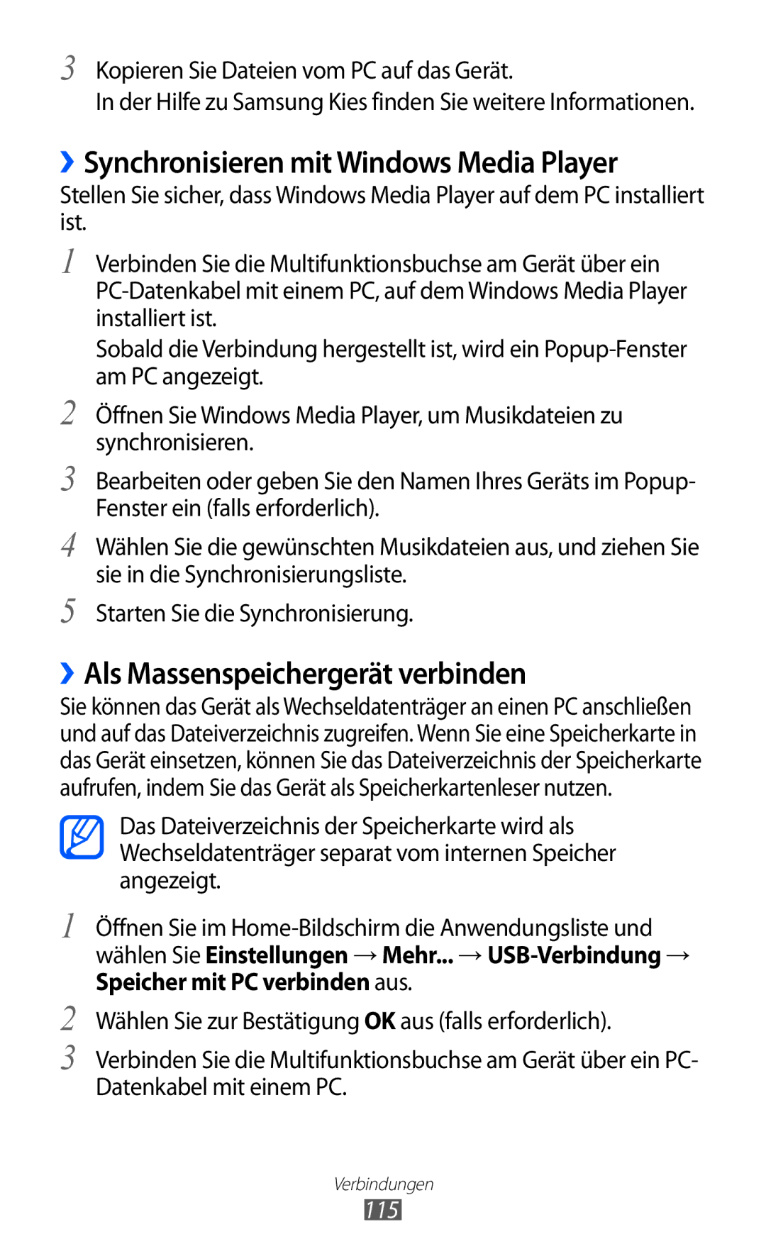 Samsung GT-I9100LKATPH manual ››Synchronisieren mit Windows Media Player, ››Als Massenspeichergerät verbinden, 115 