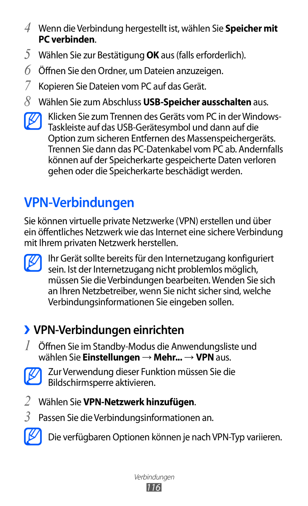 Samsung GT-I9100LKATMN, GT-I9100LKAXSP manual ››VPN-Verbindungen einrichten, Wählen Sie VPN-Netzwerk hinzufügen, 116 