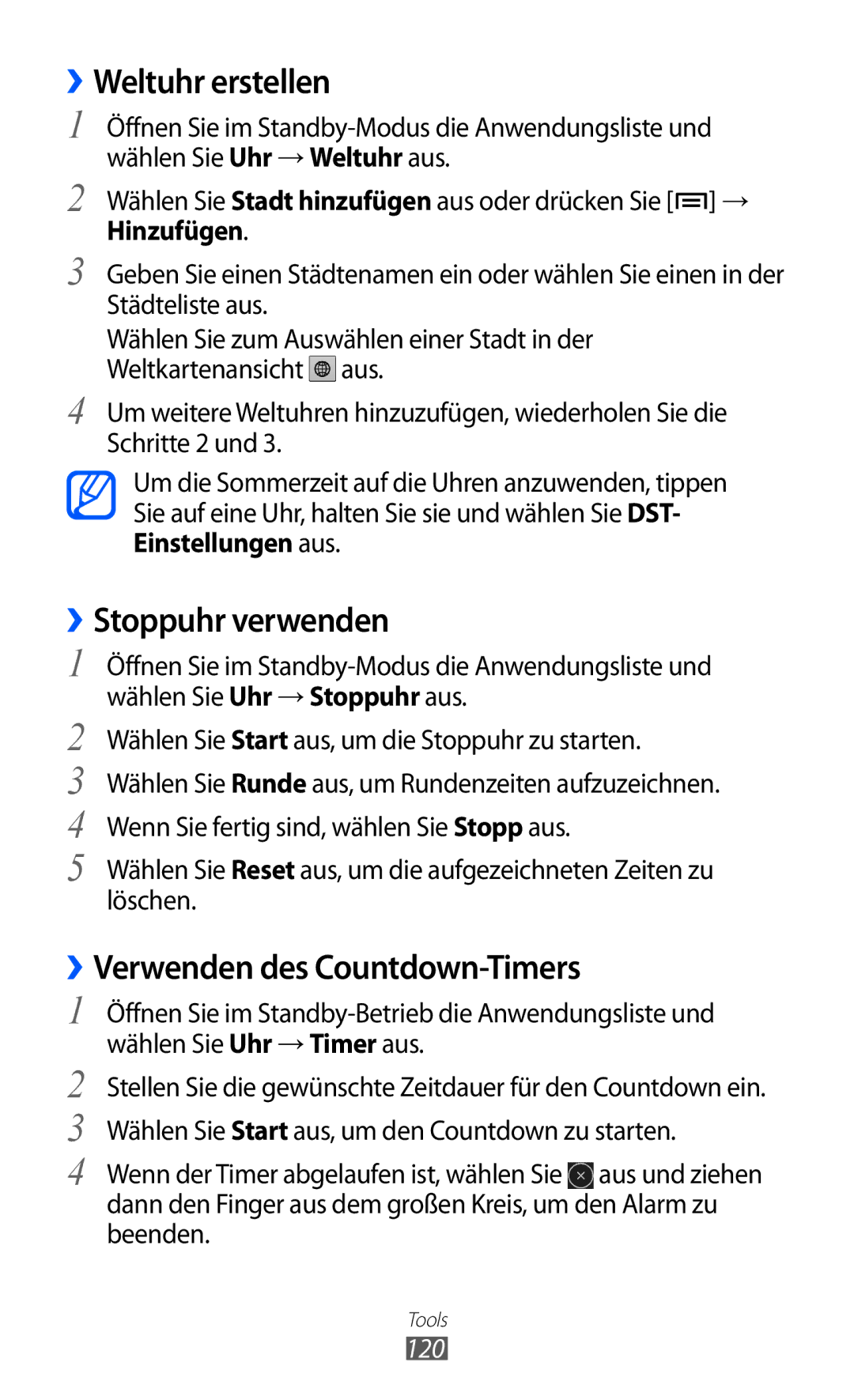 Samsung GT-I9100LKAVD2 manual Weltuhr erstellen, ››Stoppuhr verwenden, ››Verwenden des Countdown-Timers, Hinzufügen, 120 