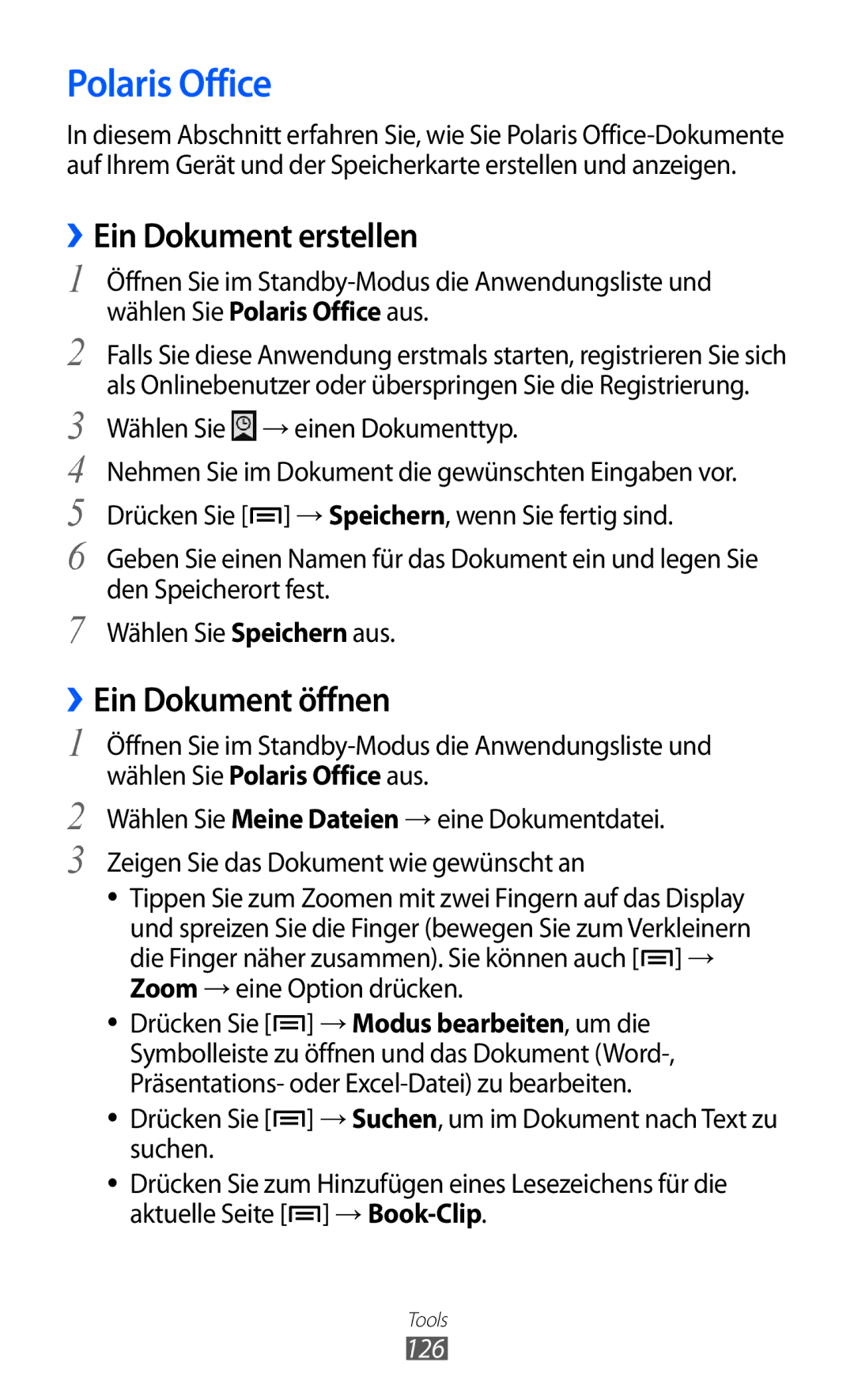 Samsung GT-I9100OIGDBT, GT-I9100LKAXSP, GT-I9100LKAVIA Polaris Office, ››Ein Dokument erstellen, ››Ein Dokument öffnen, 126 