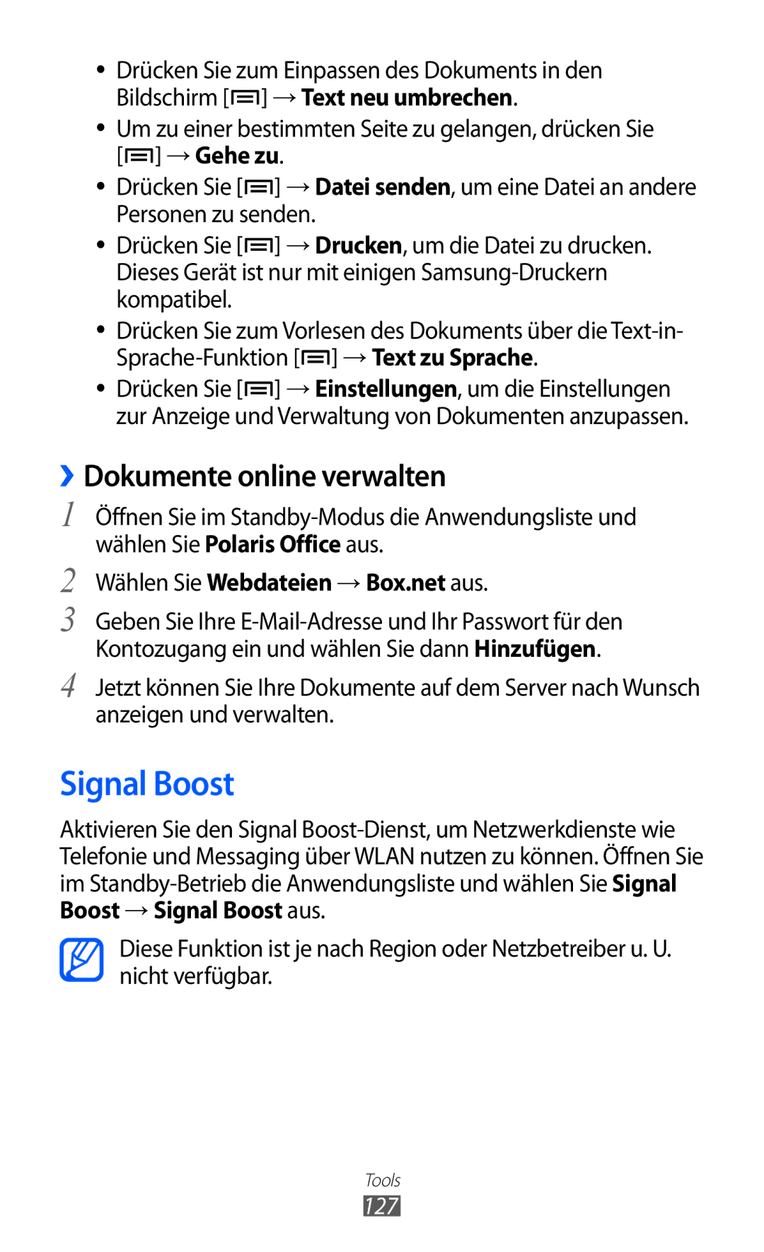 Samsung GT-I9100LKAEPL manual Signal Boost, ››Dokumente online verwalten, Wählen Sie Webdateien → Box.net aus, 127 