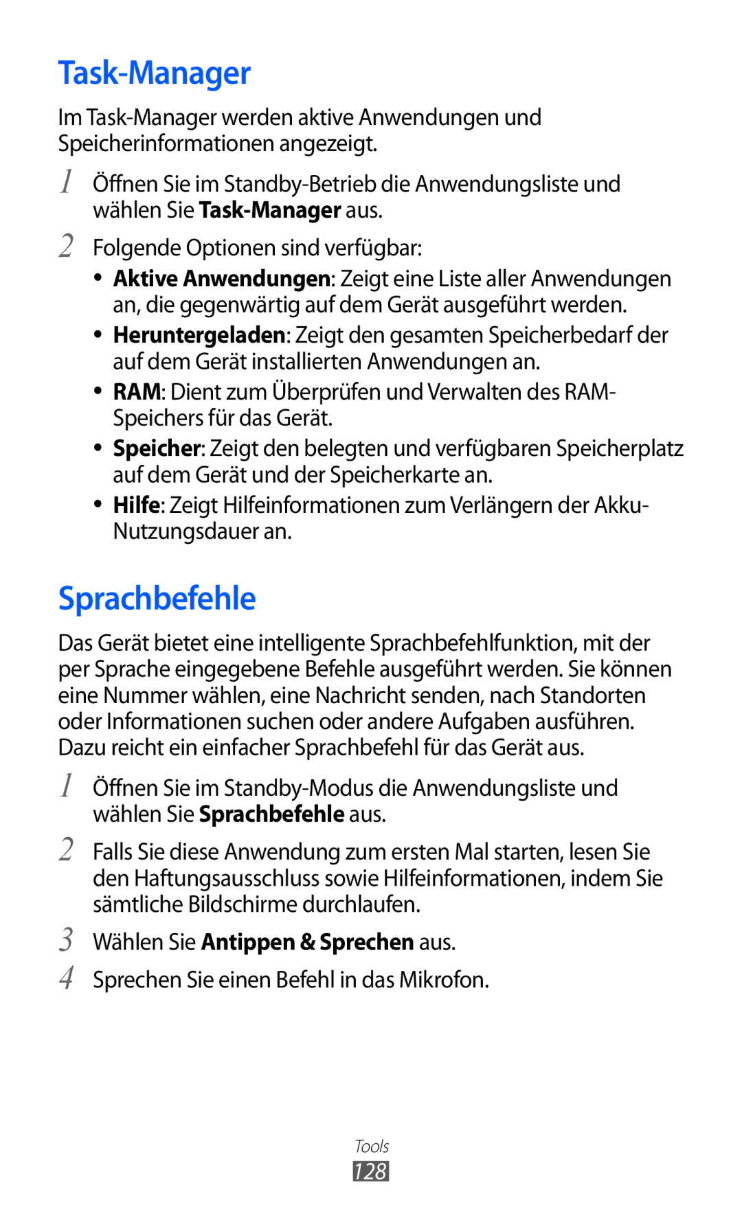 Samsung GT-I9100LKAXEO, GT-I9100LKAXSP, GT-I9100LKAVIA Task-Manager, Sprachbefehle, Wählen Sie Antippen & Sprechen aus, 128 