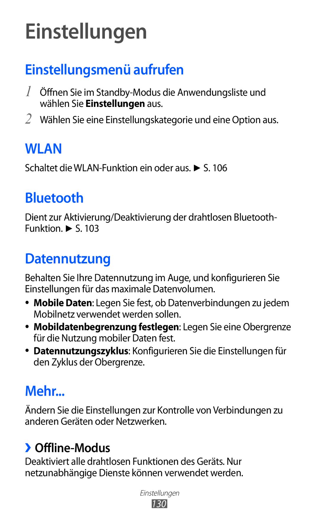 Samsung GT-I9100LKADBT, GT-I9100LKAXSP, GT-I9100LKAVIA Einstellungsmenü aufrufen, Datennutzung, Mehr, ››Offline-Modus, 130 