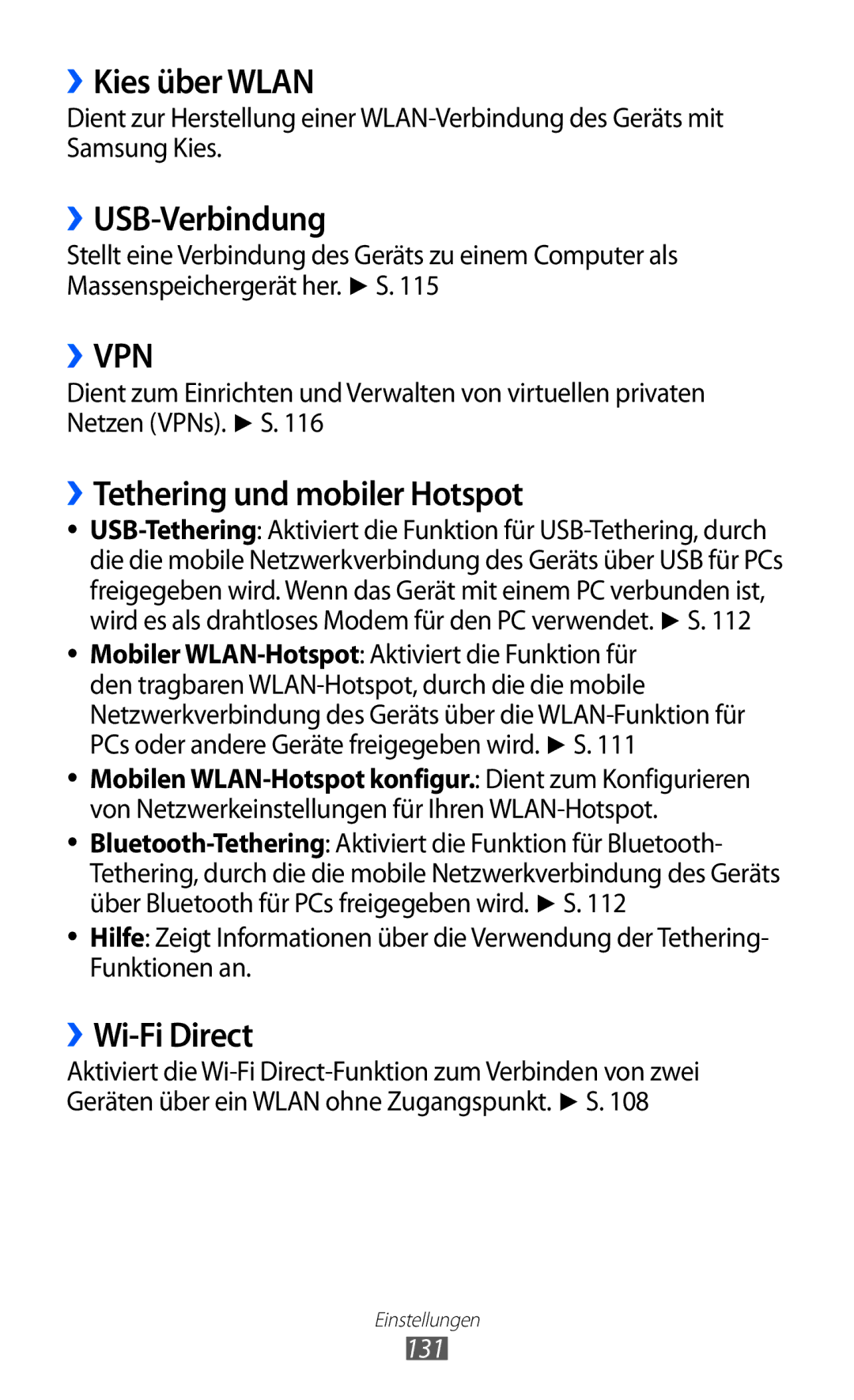 Samsung GT-I9100OIATUR manual ››Kies über Wlan, ››USB-Verbindung, ››Tethering und mobiler Hotspot, ››Wi-Fi Direct, 131 