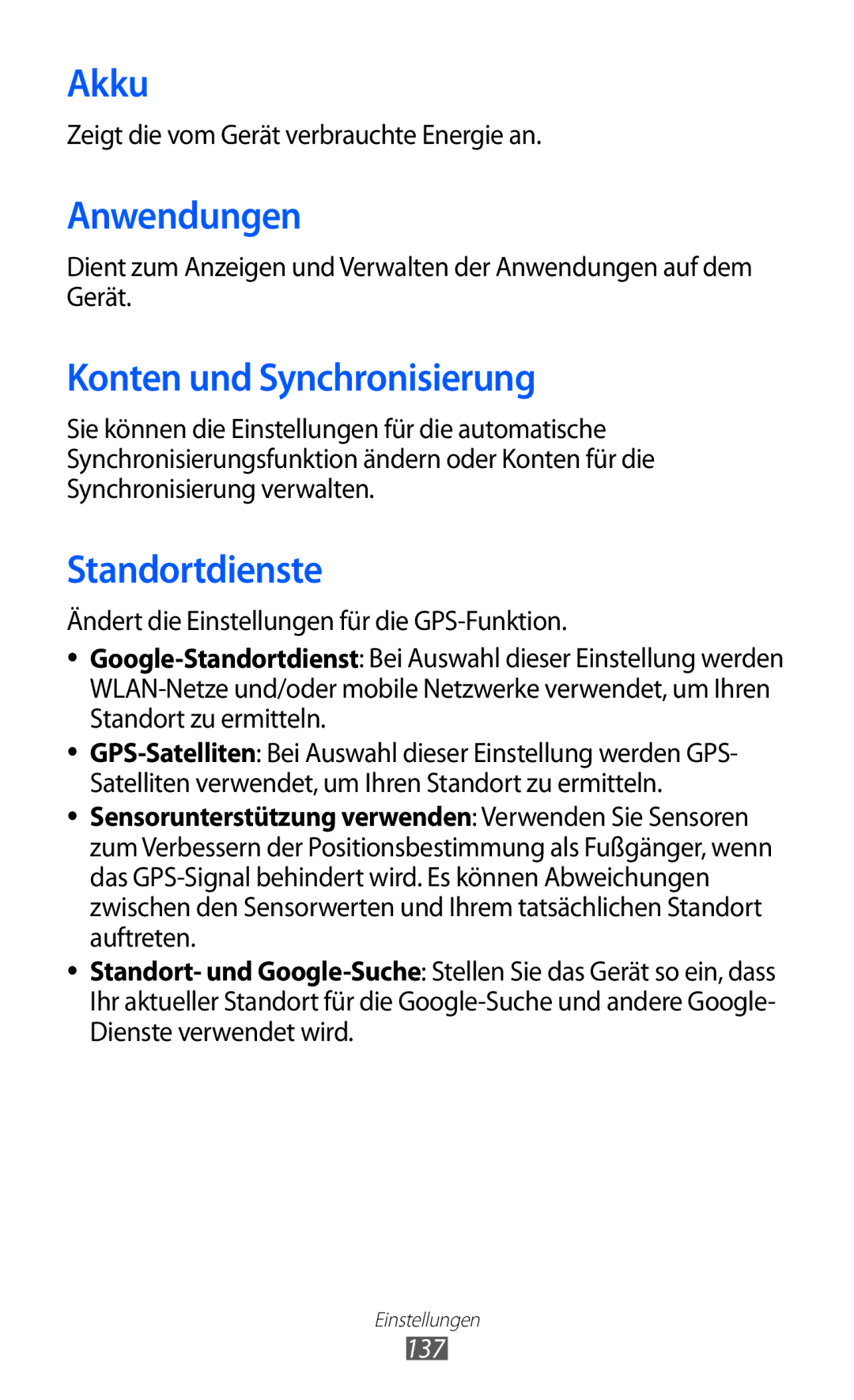 Samsung GT-I9100LKAMBC, GT-I9100LKAXSP, GT-I9100LKAVIA Akku, Anwendungen, Konten und Synchronisierung, Standortdienste, 137 