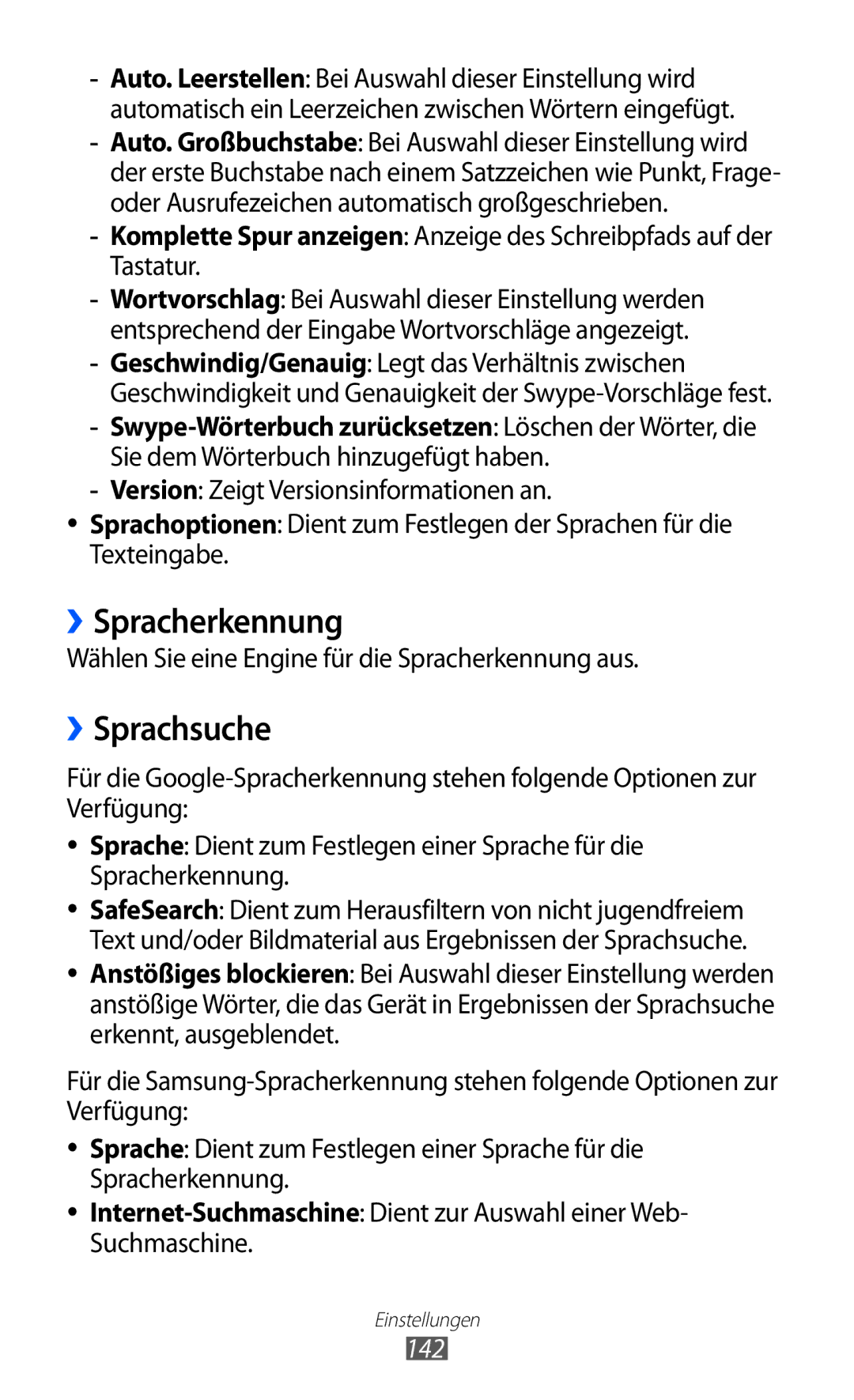 Samsung GT-I9100LKASFR manual ››Spracherkennung, ››Sprachsuche, Wählen Sie eine Engine für die Spracherkennung aus, 142 